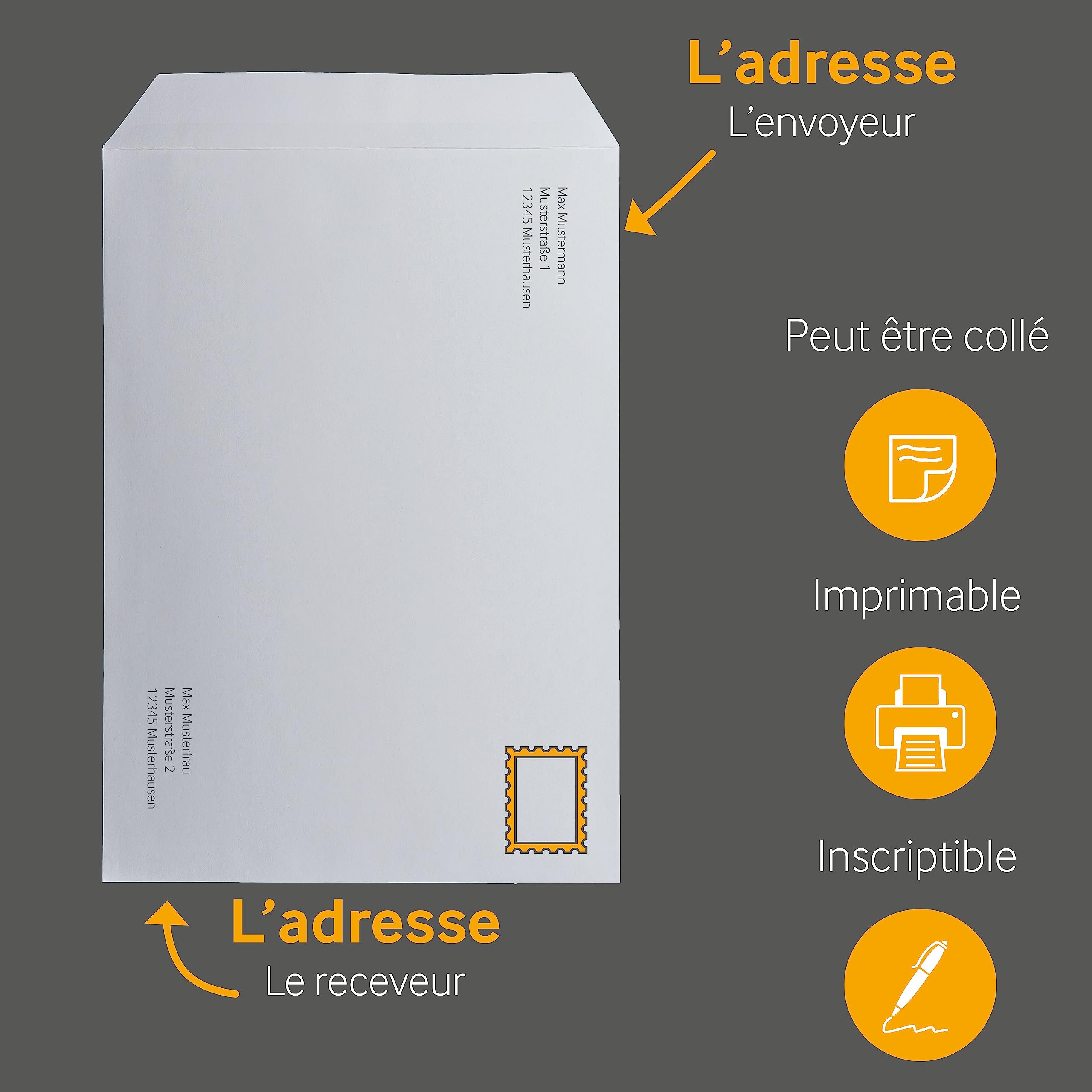 250 pochettes d'expédition blanches C4, 229 x 324 mm, sans fenêtre, fermeture adhésive, rabat droit, 120 g/m² offset, Enveloppe 24