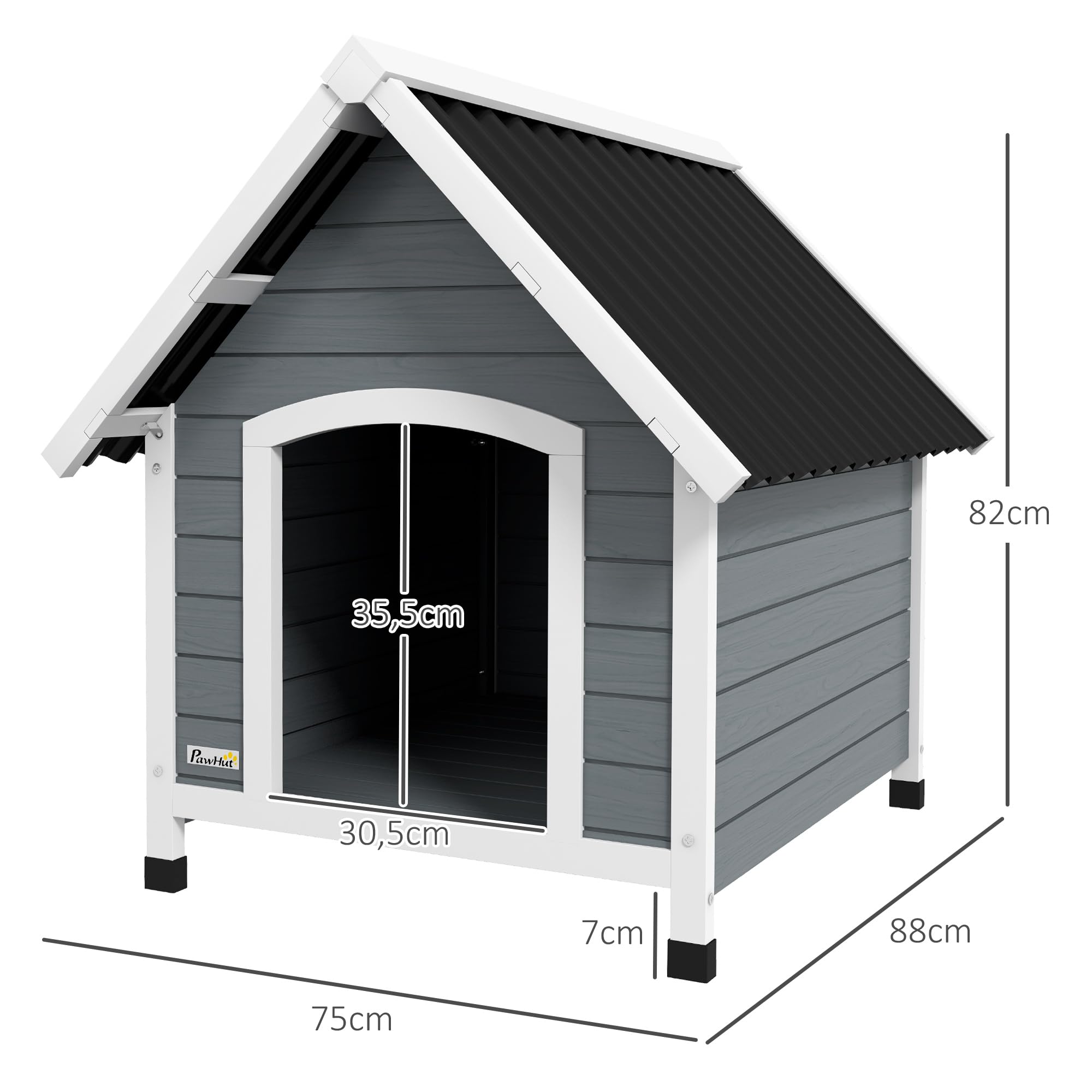 PawHut Hundehütte aus Holz Kleintierhaus mit Asphaltdach Outdoor Hundehöhle korrosionsbeständig Hundehaus mit herausnehmbarem Boden für mittelgroße Hunde 75 x 88 x 82 cm Grau