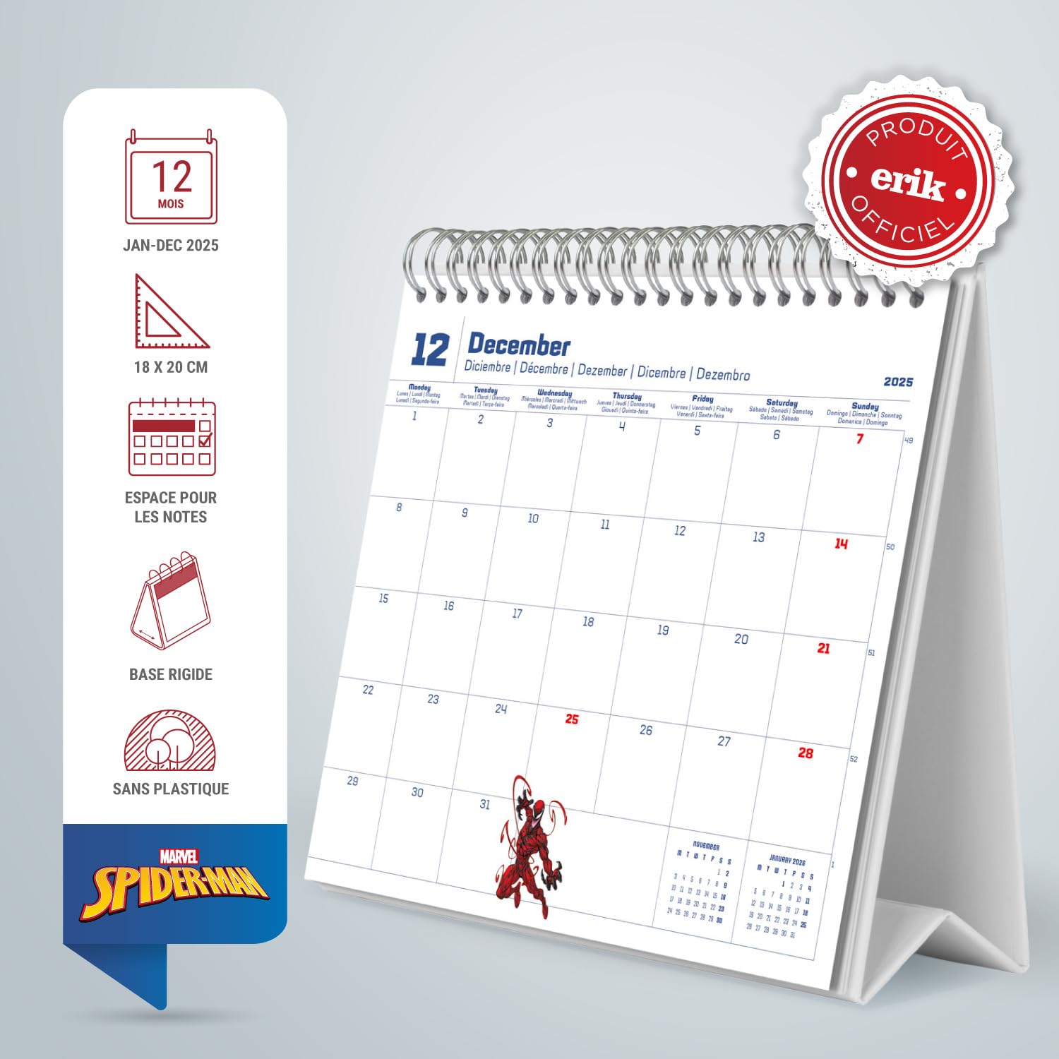 Calendrier Bureau 2025 Marvel Spiderman – 18x20 Cm Mensuel Jan-Dec | Groupe Erik Officiel