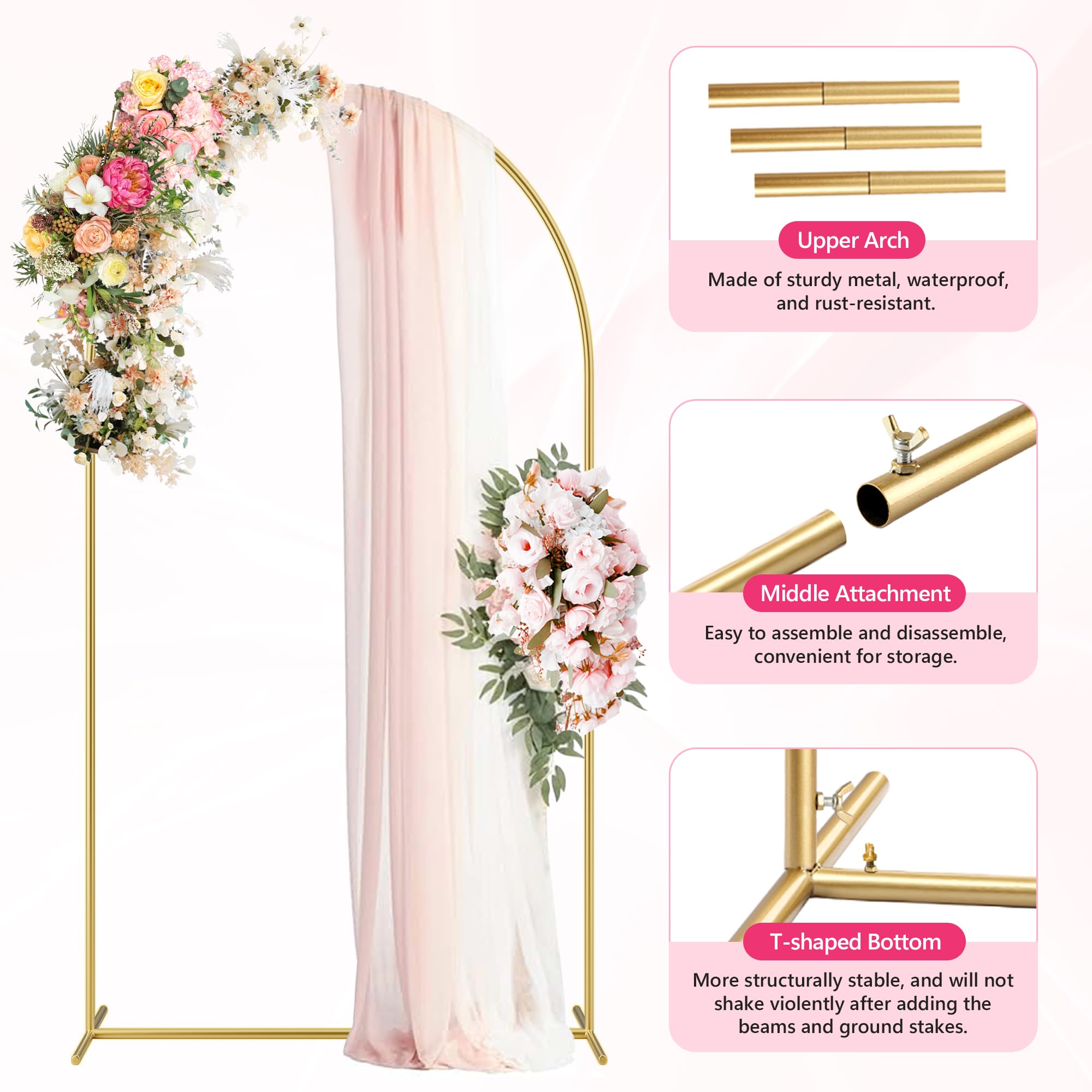 JEBUTU Set di 3 supporti per arco di matrimonio, 1,8 m/2,2 m, colore oro, arco in metallo, per matrimoni, compleanni, feste, baby shower, cerimonie