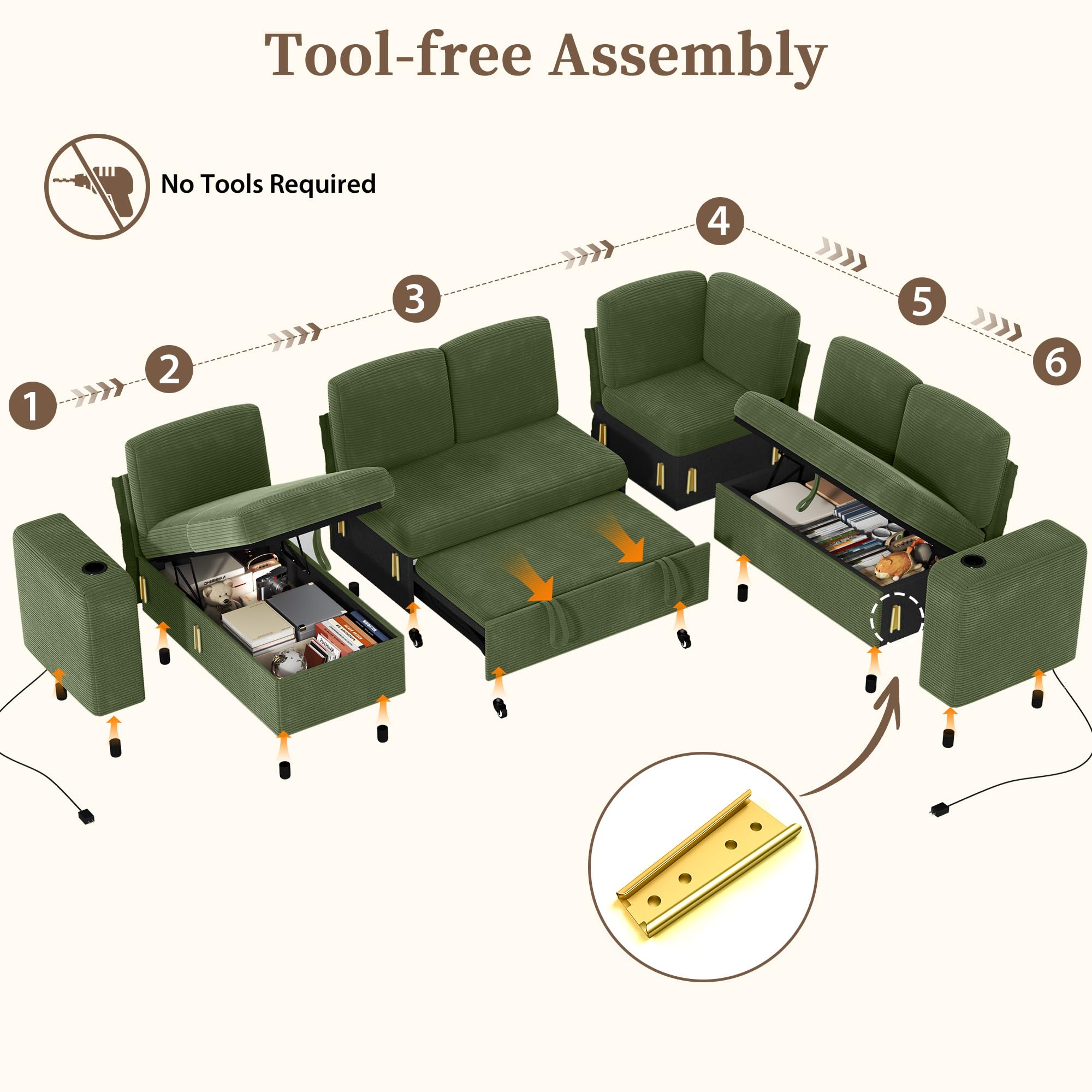 Sofá cama de 7 plazas en forma de U con cama nido, sofá modular en la nube con chaise longue de almacenamiento, puerto USB, respaldo ajustable, pana verde