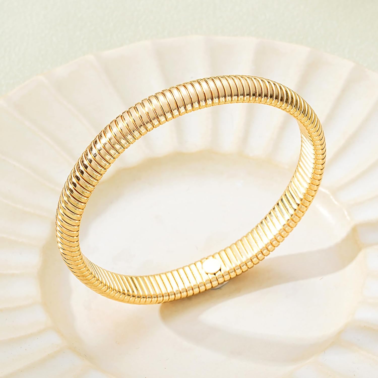 Gold Bangles, Chunky Stretch Bracelets, Gold, 14K Gold Plated Stainless Steel, Women's, Designer Look Alike Jewelry, Adult, Medium, 10 grams, 2 inches - Image 4