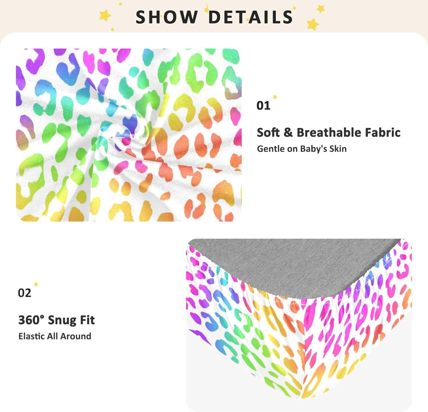Rainbow Leopard Print White Crib Sheets Soft Breathable Fitted Cotton Baby Crib Sheets Mattress Cover for Girl Boy, 52" x 28" x 9"