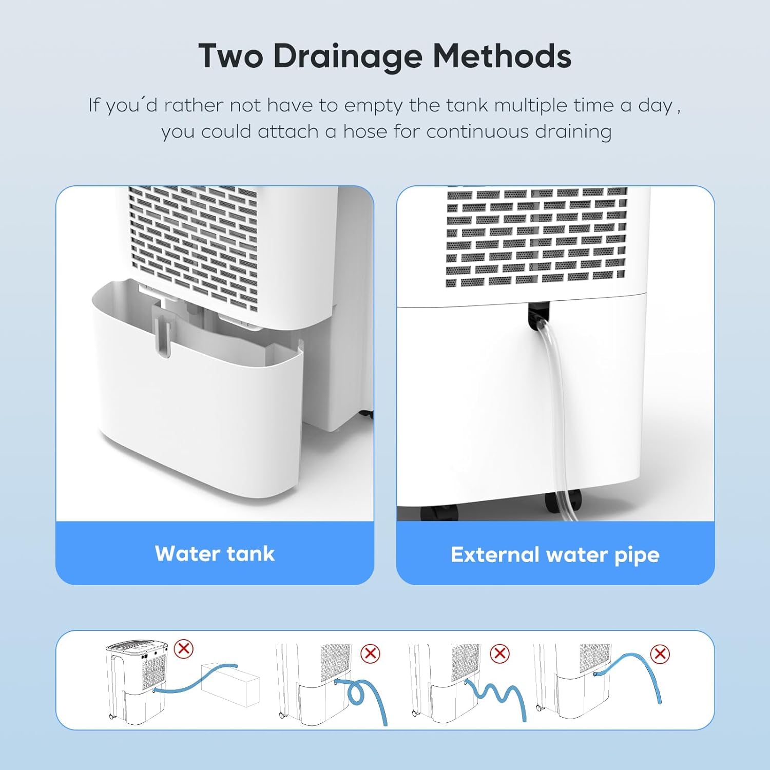 Diagram showing manual water tank drainage and continuous drainage with a hose