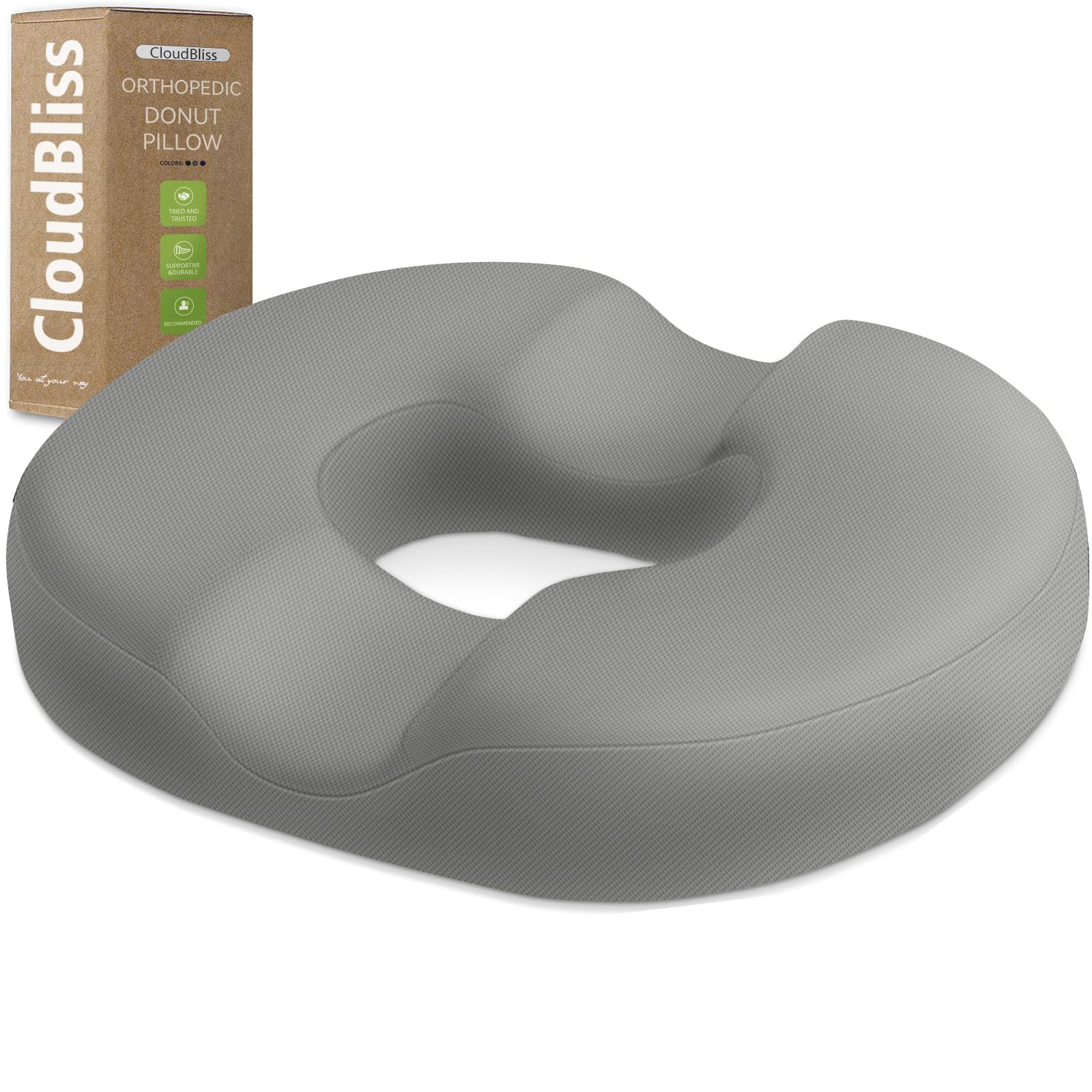 CloudBliss Donut Pillow Stadium Seat Cushion for Tailbone Pain Relief and Hemorrhoids, Memory Foam Seat Chair Cushion, Portable Seat Cushions for Bleachers, Car, Home &amp; Office