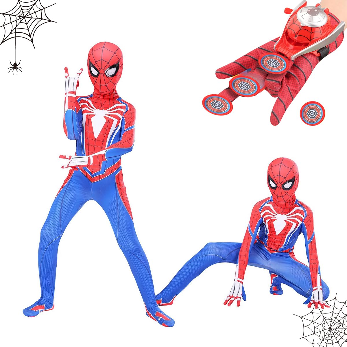 JRDFHT Disfraz de Araña Infantil, Cosplay Disfraz con Launcher Glove, Traje de Spider para Niños, Traje de Anime 3D para Halloween Carnaval Cosplay