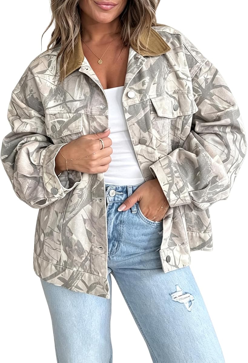 Women's Button Down Camo Jean Jacket Loose Fit Trendy Denim Jacket Coat