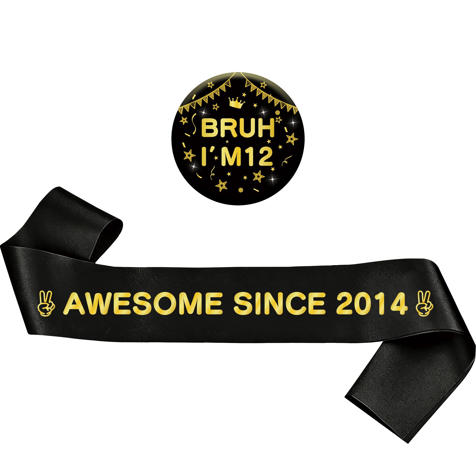 12th Birthday Decorations Badge Sash - Black Gold Vintage Awesome Since 2014 Sash and Badge Accessory Gift for Boys Girls 12 Year Old Retro Theme Happy Birthday Party Supplies