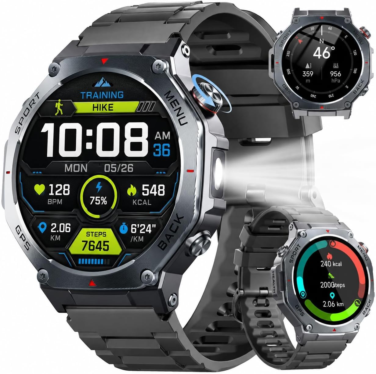 Jugeman Reloj Inteligente Hombre Militar con GPS y Linterna LED, Smartwatch