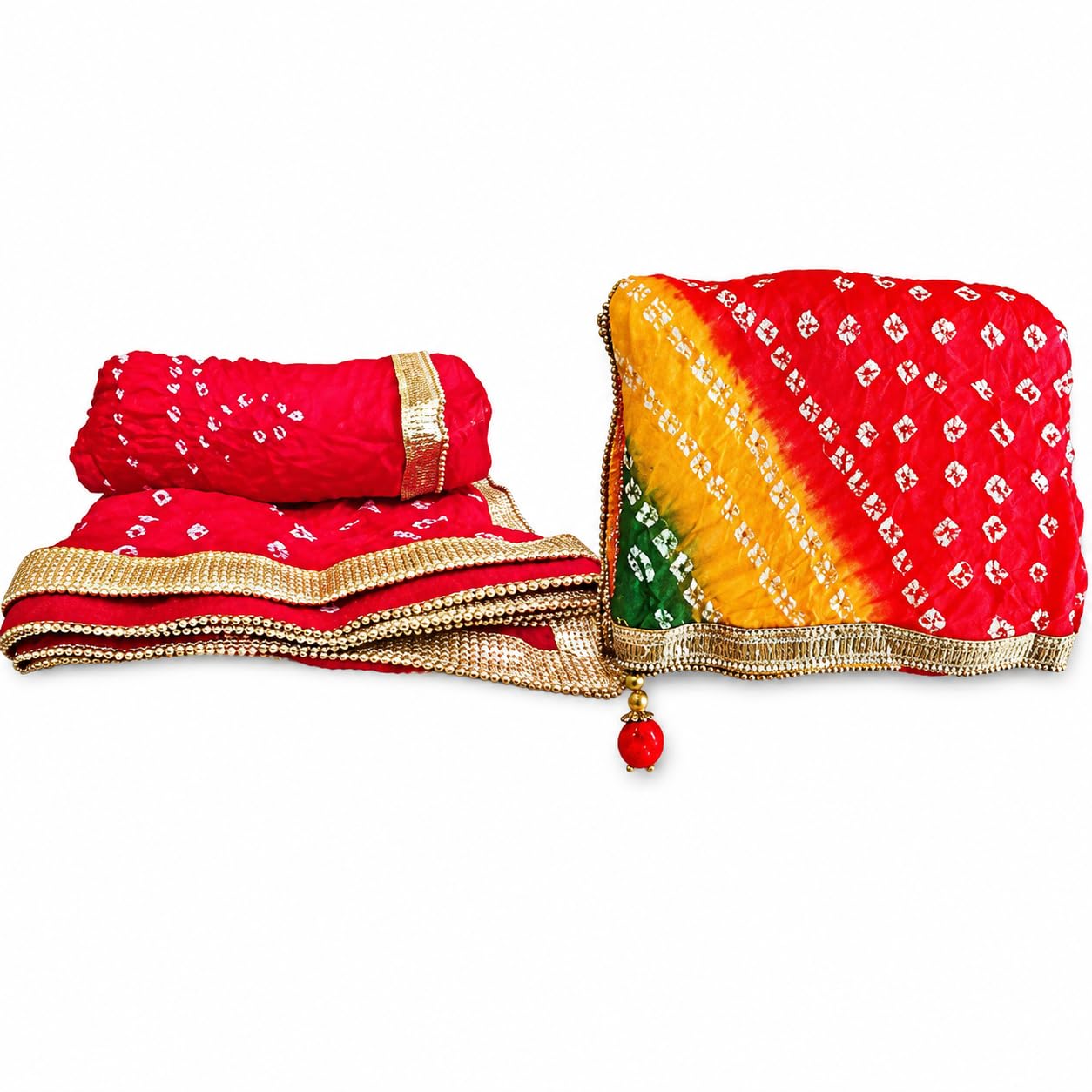 Jaipuri Rajasthani Women Silk Bandhani Bandhej Multi-Colored Heavy Dupatta with Gota Work and latkan (Combo Set)-image-16