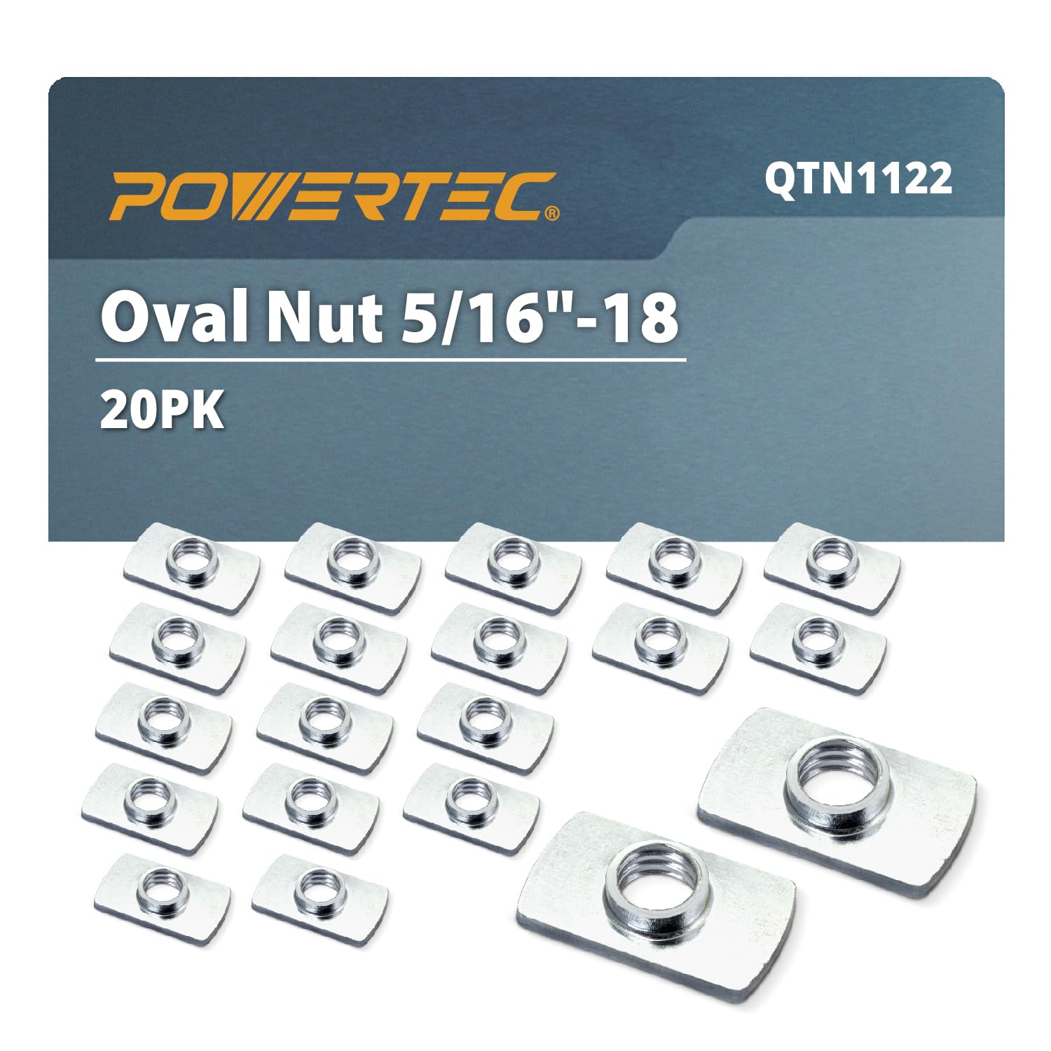 POWERTEC QTN1122 5/16"-18 Oval Nuts, 15/16" Long x 17/32" Wide x 3/16" x 3/32" Thick – 20 Pack