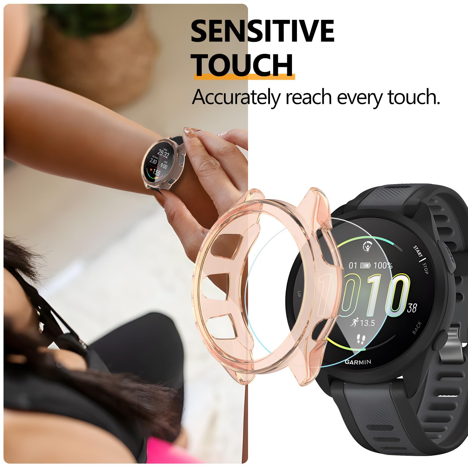 Lot de 2 + 2 coques de protection d'écran compatibles avec Garmin Forerunner 165/165 Music, accessoires de protection en TPU souple avec film en verre trempé