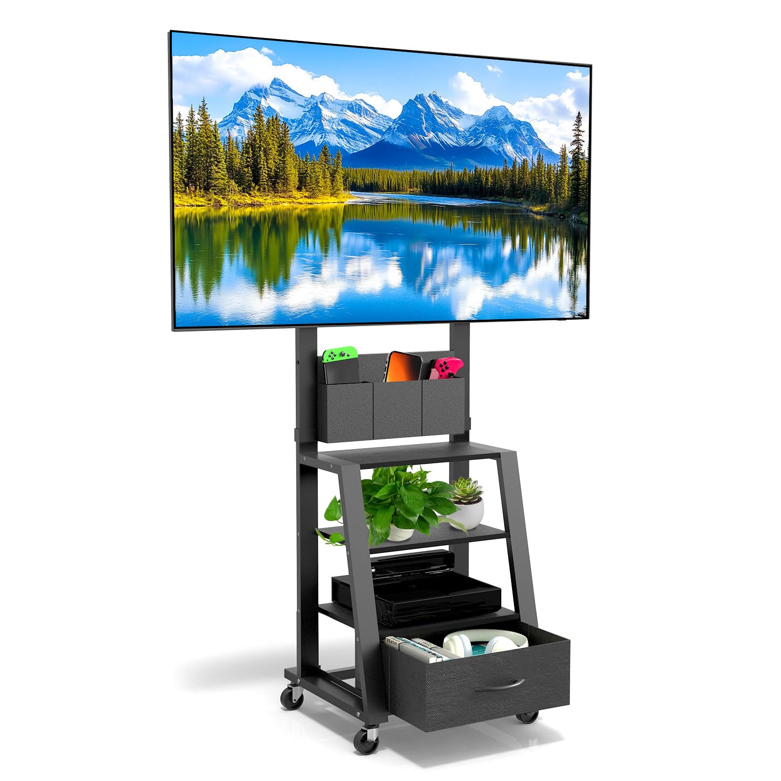 Support TV à roulettes avec tiroir et 3 Niveaux, Plats/incurvés de 23"-60" LCD/LED/OLED. Hauteur réglable Chariot TV Mobile avec roulettes pour Maison, Bureau l'extérieur. VESA Max 400 x 400 mm, Noir