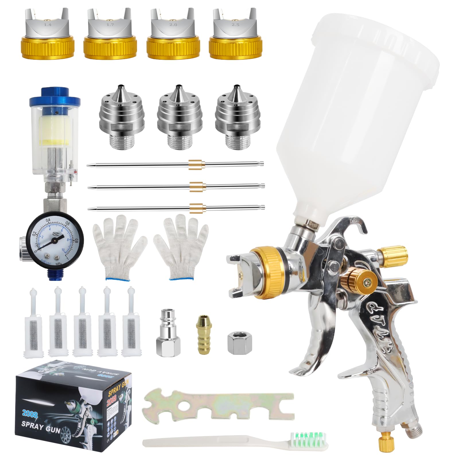 Poweka HVLP Lackierpistole Set mit 600 ml Farbbehälter, 1,4/1,7/2,0/2,5 mm Düsen, Druckluft Spritzpistole für Auto, Möbel & Wandlackierung
