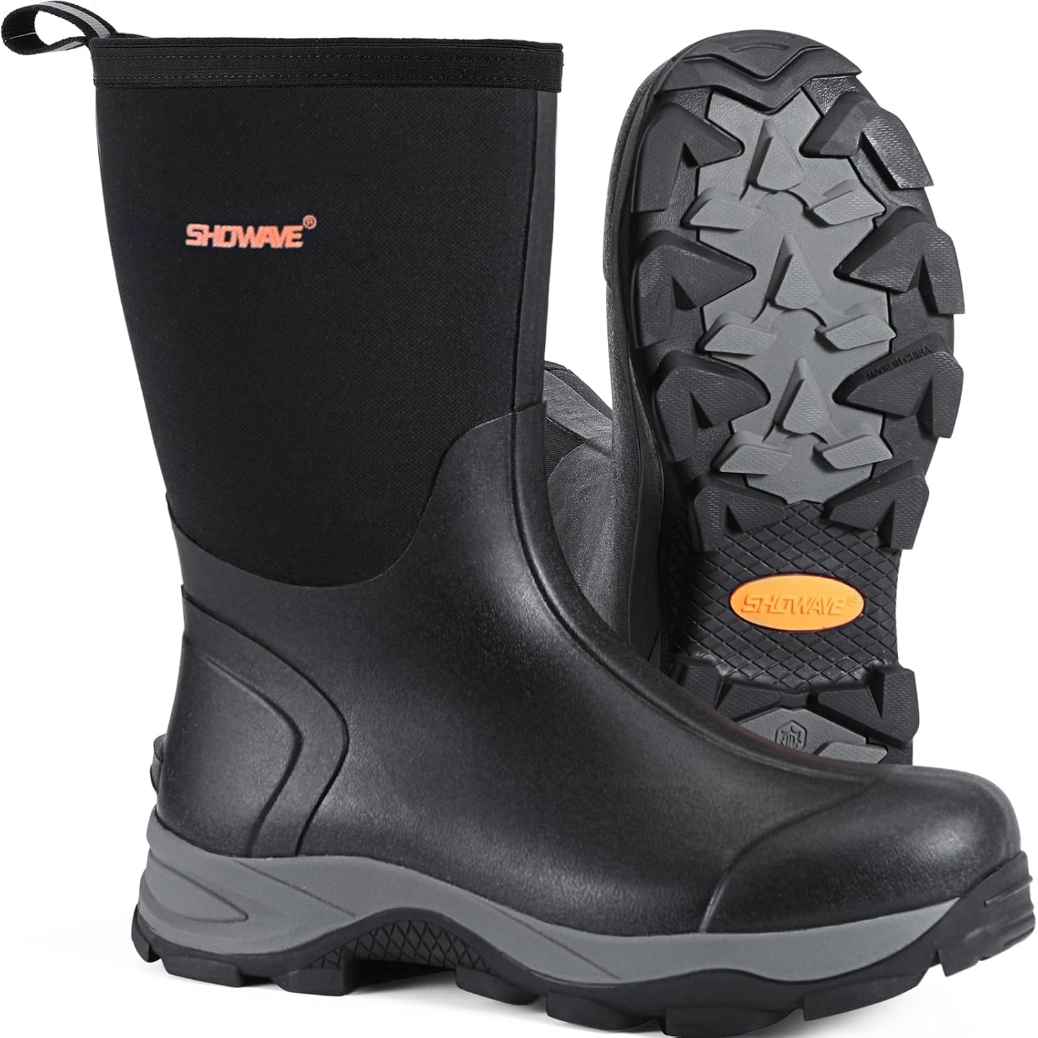 Showave Men's Rubber Boots Durable Waterproof Insulated Rain Boot Neoprene Heavy-duty Mud Outdoor Garden Working Hunting Boots