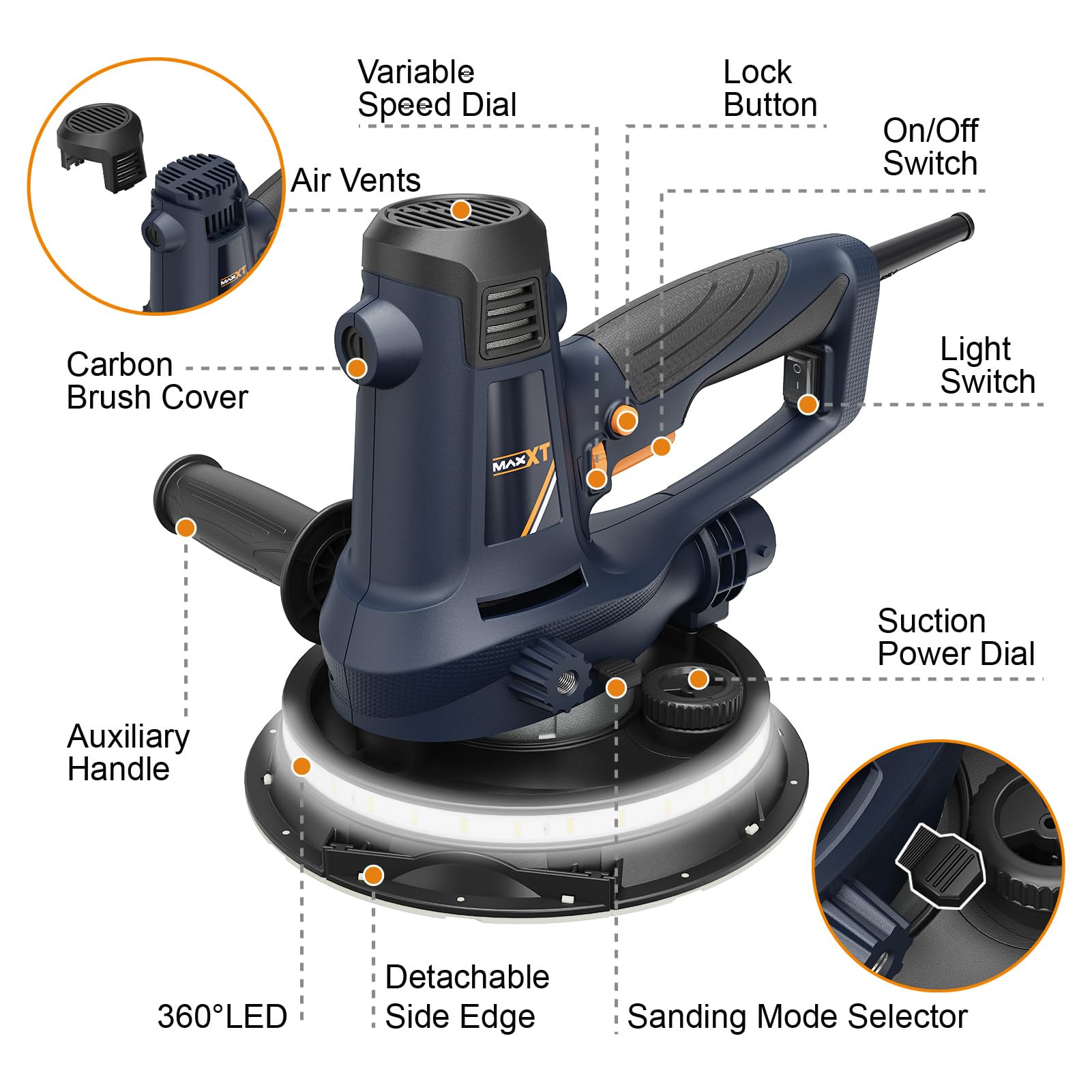 MAXXT 810W Handschleifmaschine für Trockenbau, Elektroschleifmaschine für Wände, 1500-2800RPM variable Geschwindigkeit, einstellbare Absaugung, Grob- und Feinschliff, Selbstabsaugung