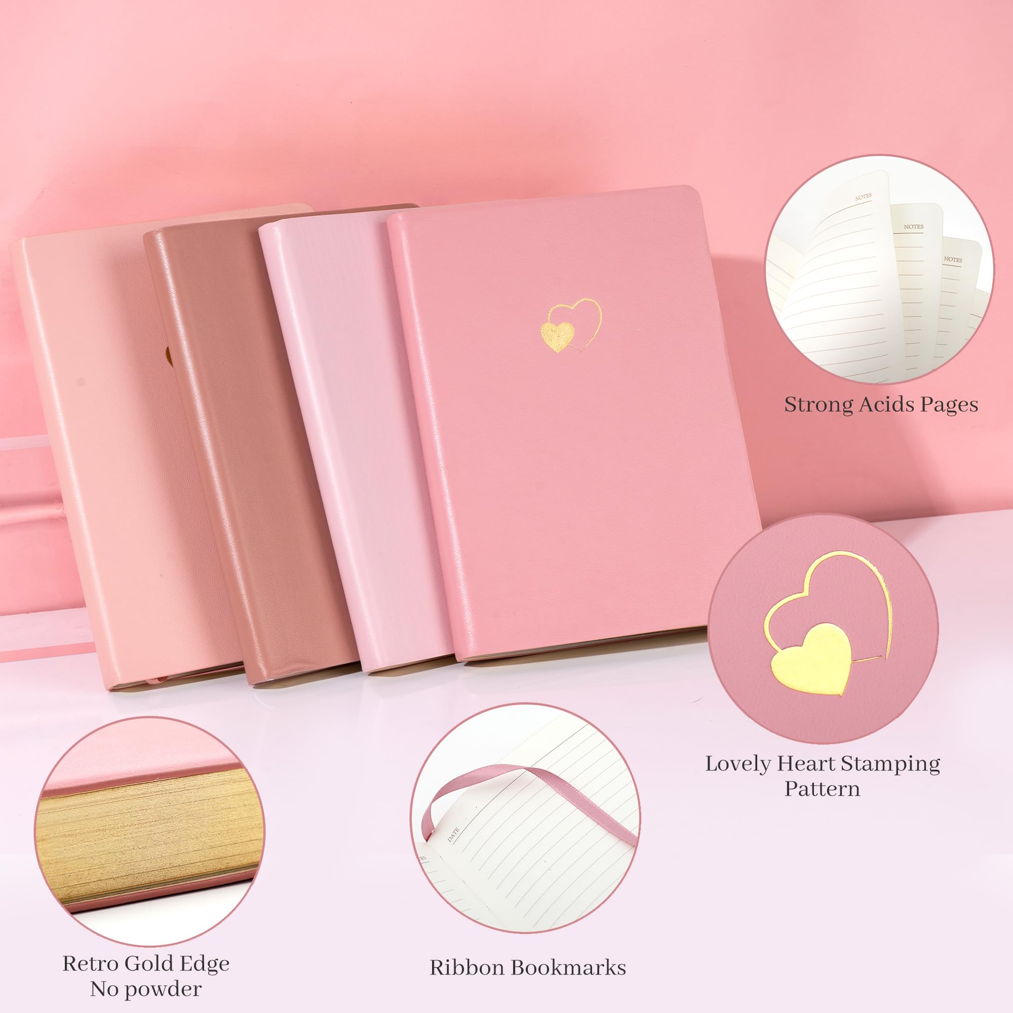 CAGIE Pack de 4 cuadernos con forro para mujeres y niñas, 256 páginas con diario de piel en forma de corazón para escribir A5, cuaderno de tapa blanda para la escuela de trabajo (gradiente rosa, A5)