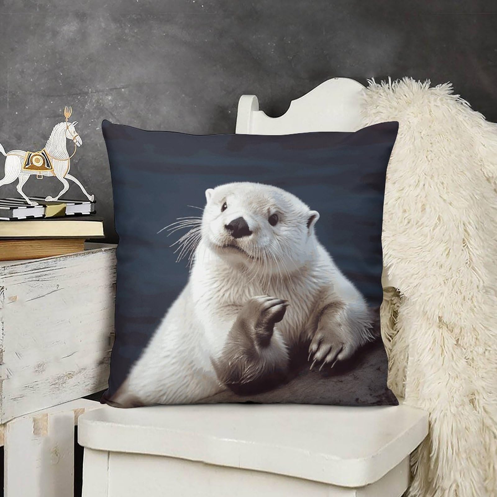 FodPand Decorative White Otter Throw Pillow Covers 16x16 Soft Plush Cozy Cushion Cases with Invisible Zipper Body Pillowcase Square Accent Pillow Shams for Couch Sofa Bedroom Living Room
