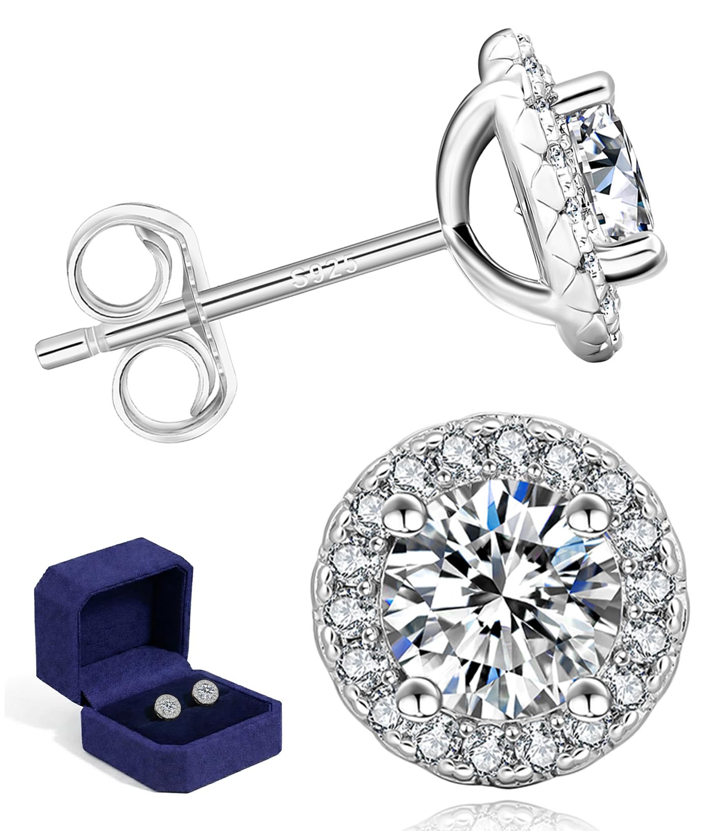 Hola Ohrstecker 925 Sterlingsilber Moissanite Ringschatulle + Geschenkbox - GRA Echtheitszertifikat in eleganter premium Huggie Ohrstecker Brillantschliff Diamant Halo hypoallergen Schmuck