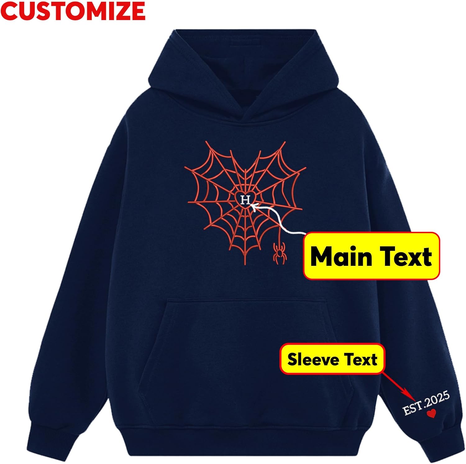 Noni Custom Couple Embroidered Hoodies, Personalized Matching Hoodies for Lovers, Spider Web Embroidered Pattern for Couples, Gifts for Her and Him, Valentine's, Halloween, Christmas - Image 3