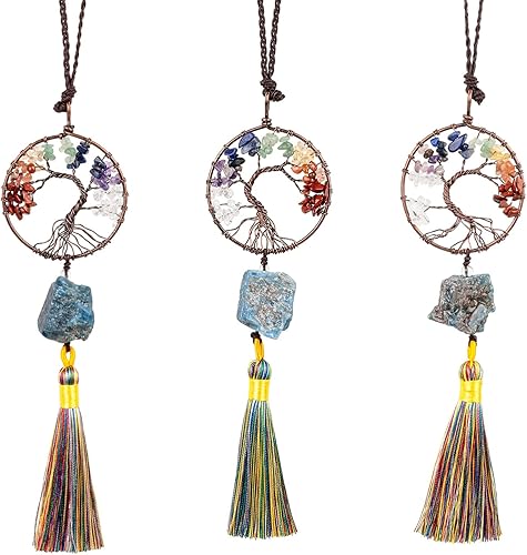 Miniatura 6 de rockcloud Adorno colgante de árbol de la vida de 7 chakras con borla de piedra cruda irregular para pared, coche, hogar, boda, boda, apatita azul