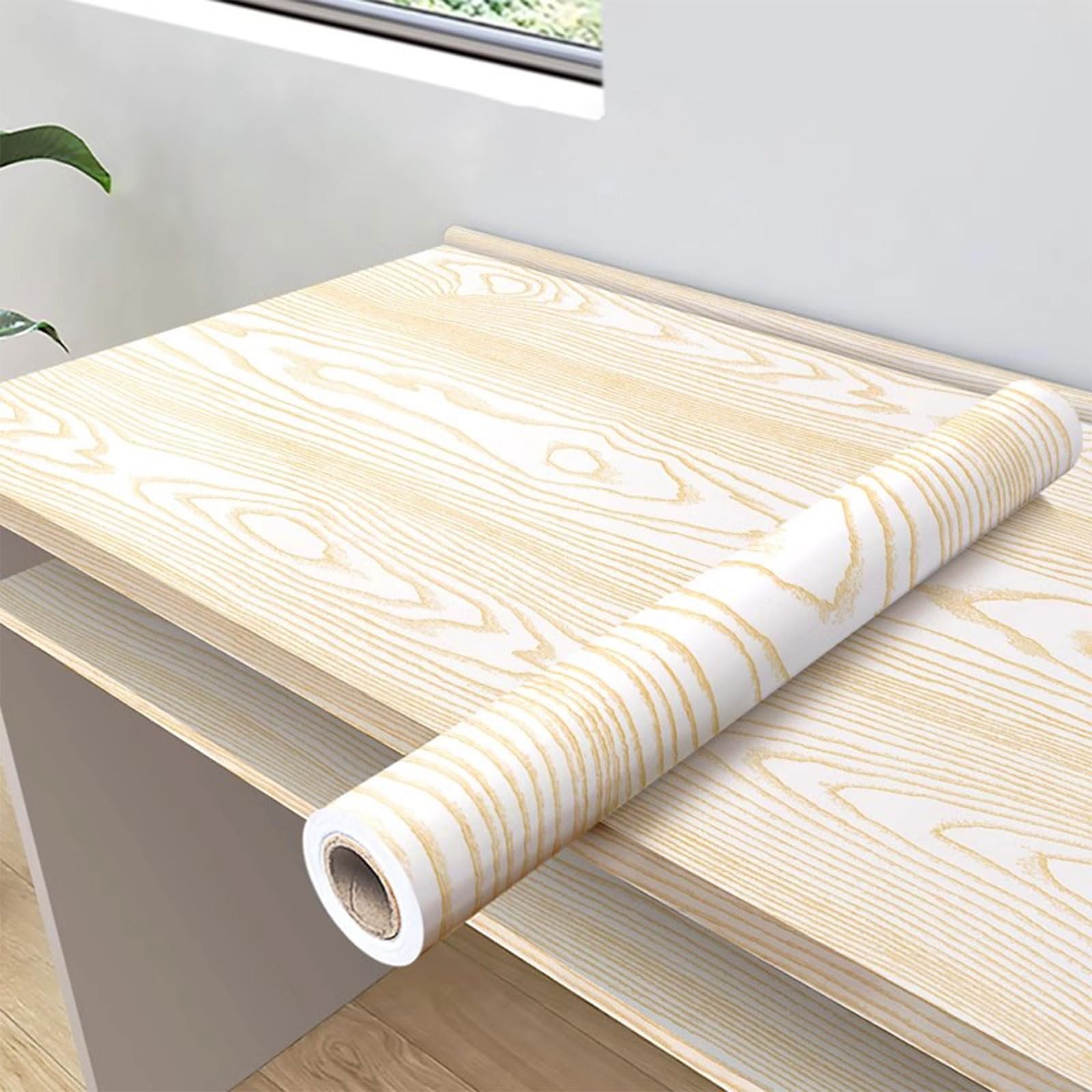 Eiauiuo Wood Effect Vinyl Self Adhesive Wallpaper Film Furniture Renovation Wrap with Realistic Grain Texture Waterproof Scratch Resistant for Tables Cupboards Kitchen Decoration