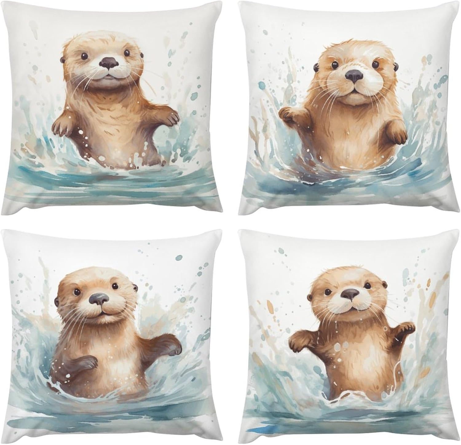 Pack of 4 Fall Funny Sea Otter Decorative Throw Pillow Covers 22 x 22 inches, Soft Square Cushion Case Pillow Cases Set for Farmhouse Home Couch Sofa Decor, Christmas Pillows Decorations