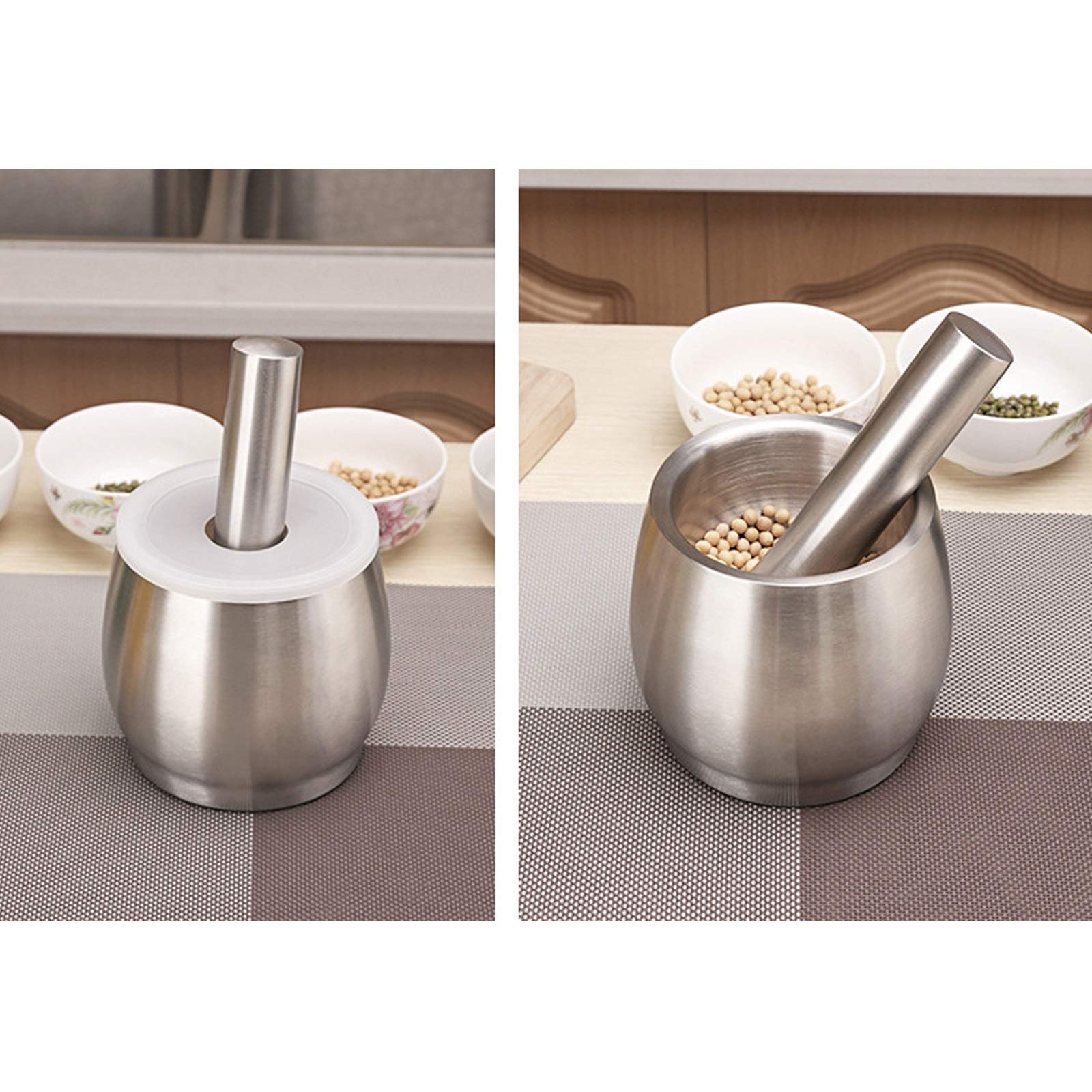 Mortier et Pilon en Acier Inoxydable 304 Mortier et Pilon Ensemble mortier et Pilon avec Couvercle Broyeur Broyeur Bol Pesto Mortier et Pilon en Porcelaine Grindi