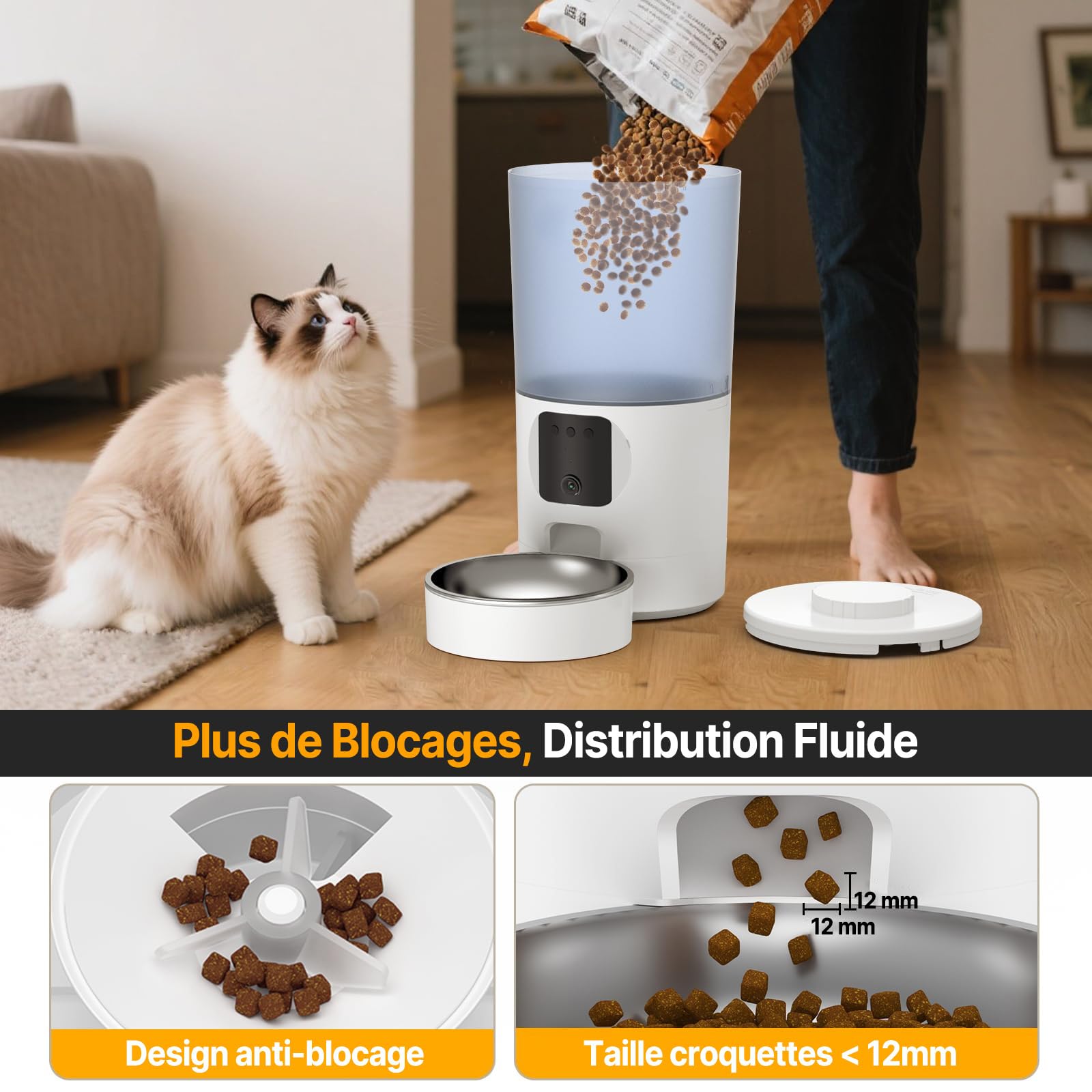 Distributeur Croquettes Chat Automatique, WiFi Caméra, Bol Inoxydable, Programmable & Portionnée, Batterie de Secour - PF5 Noir - Deux Gamelles 2K DIY Zone d’Alerte
