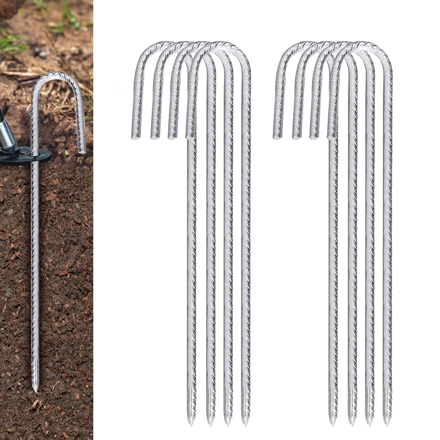 ERYTLLY 17.3 inch Rebar Tent Stakes J Hook Galvanized Steel Heavy Duty Metal Rebar J Hook Ground Fence Hook Tent Stake Swing Set Anchors Garden Stake Hook 8 Packs