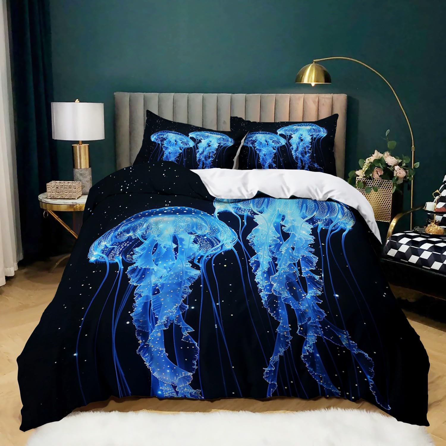 Biancheria da letto nera, 155 x 220 cm, per bambini, ragazzi e adolescenti, per letto singolo, con stelle astratte in plastica, copripiumino con chiusura lampo e federa da 80 x 80 cm