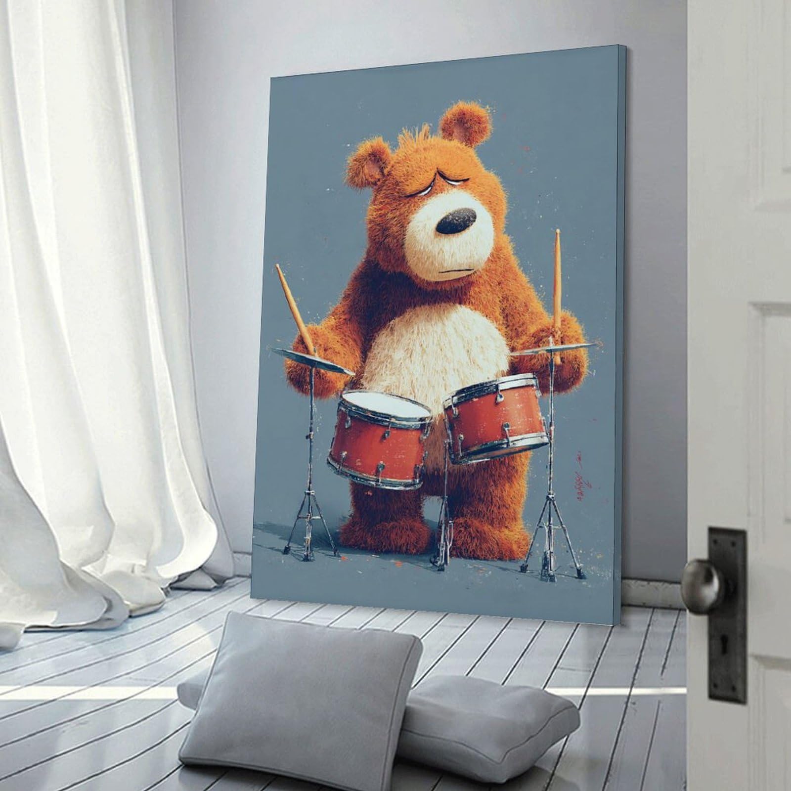 Junmoney Canvas Art Print Sad Bear Drummer, 12x18inch(30x45cm), for Office, Study Or Home Workspace, Home Office Artwork with Decorative Appeal