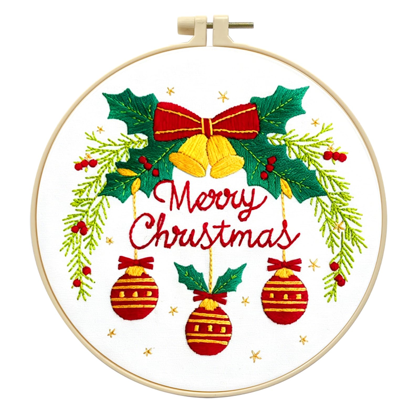 Zhenqing Merry Christmas Embroidery Kit for Beginners, Red Bells and Ornaments Craft Set with 20cm Hoop, Printed Design on 29x29cm Cotton Fabric, DIY Holiday Wall Art (C0036)