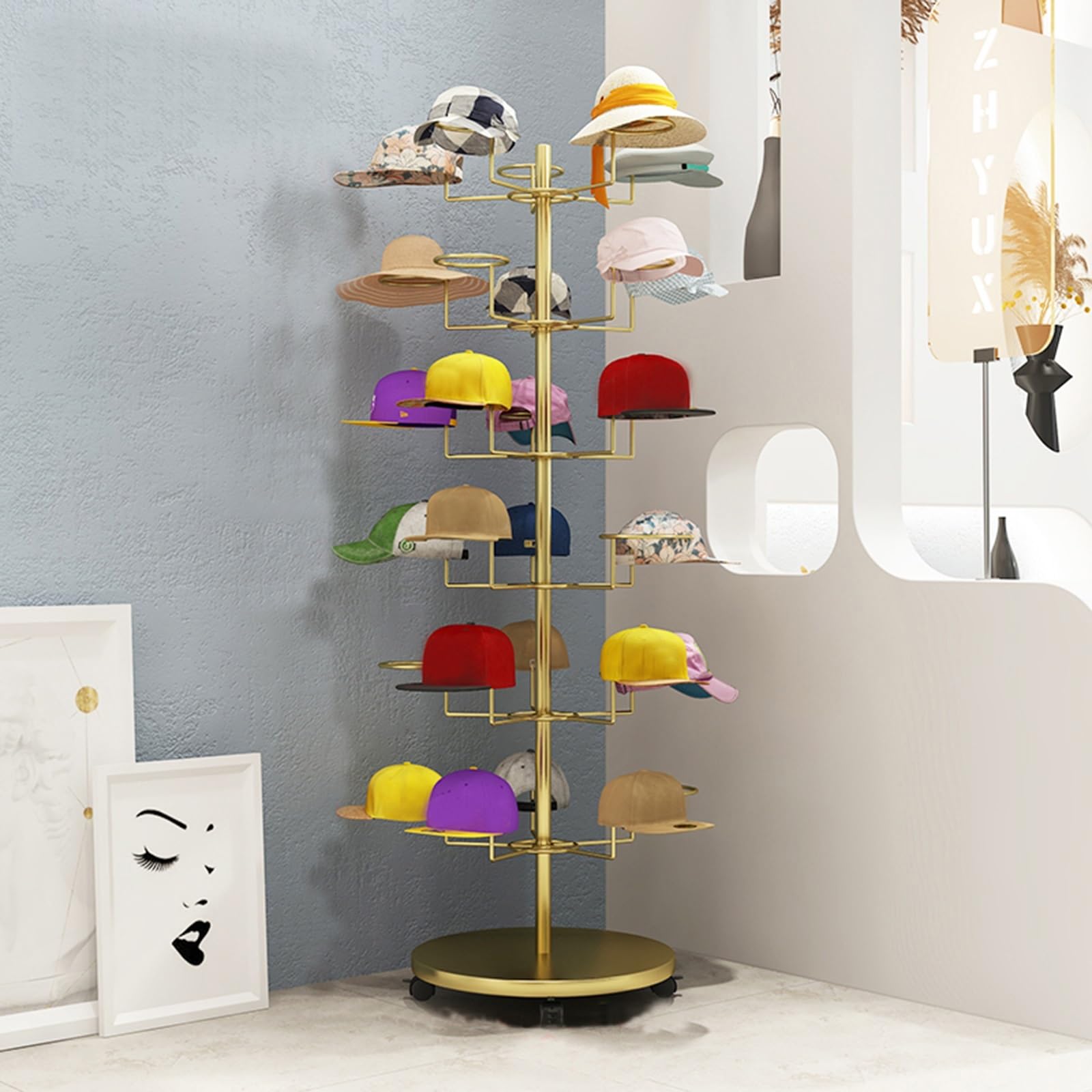 Expositor de Sombreros, Estante de Almacenamiento de Sombreros de 4, 5, 6 y 7 Niveles, Torre de exhibición de Gorras de Metal Independiente con Ruedas giratoria,Gold-6