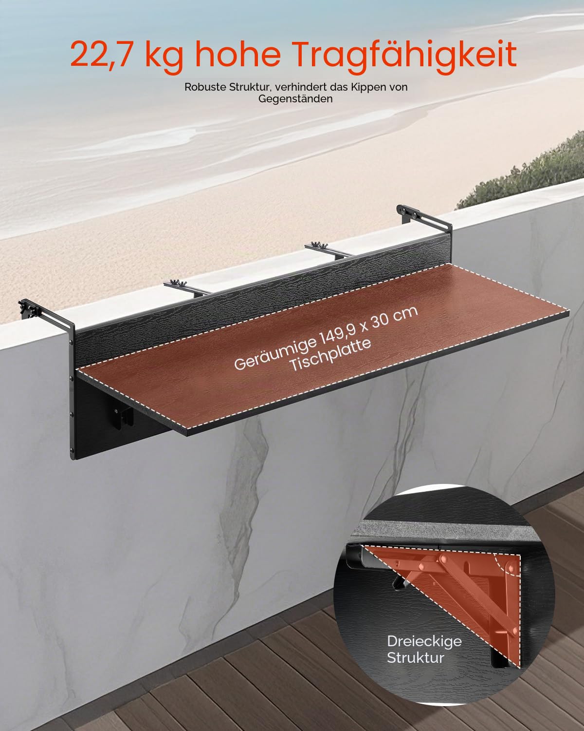 VEVOR Balkontisch, 1500x300 mm, klappbarer Balkonhängetisch, Klapptisch für den Außenbereich, 22 kg Tragkraft, passend für Geländer von 2,54 bis 15 cm, Serviertisch für Terrasse und Deck