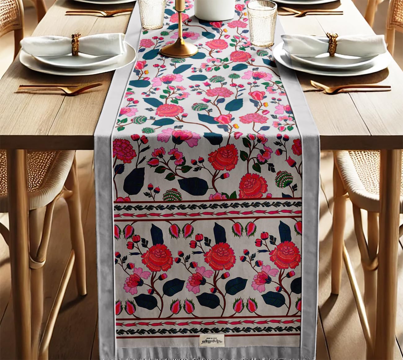Double Layer Cotton Table Runner with Border - Floral Print, Machine Washable - Dining Table Décor for Farmhouse & Modern Homes