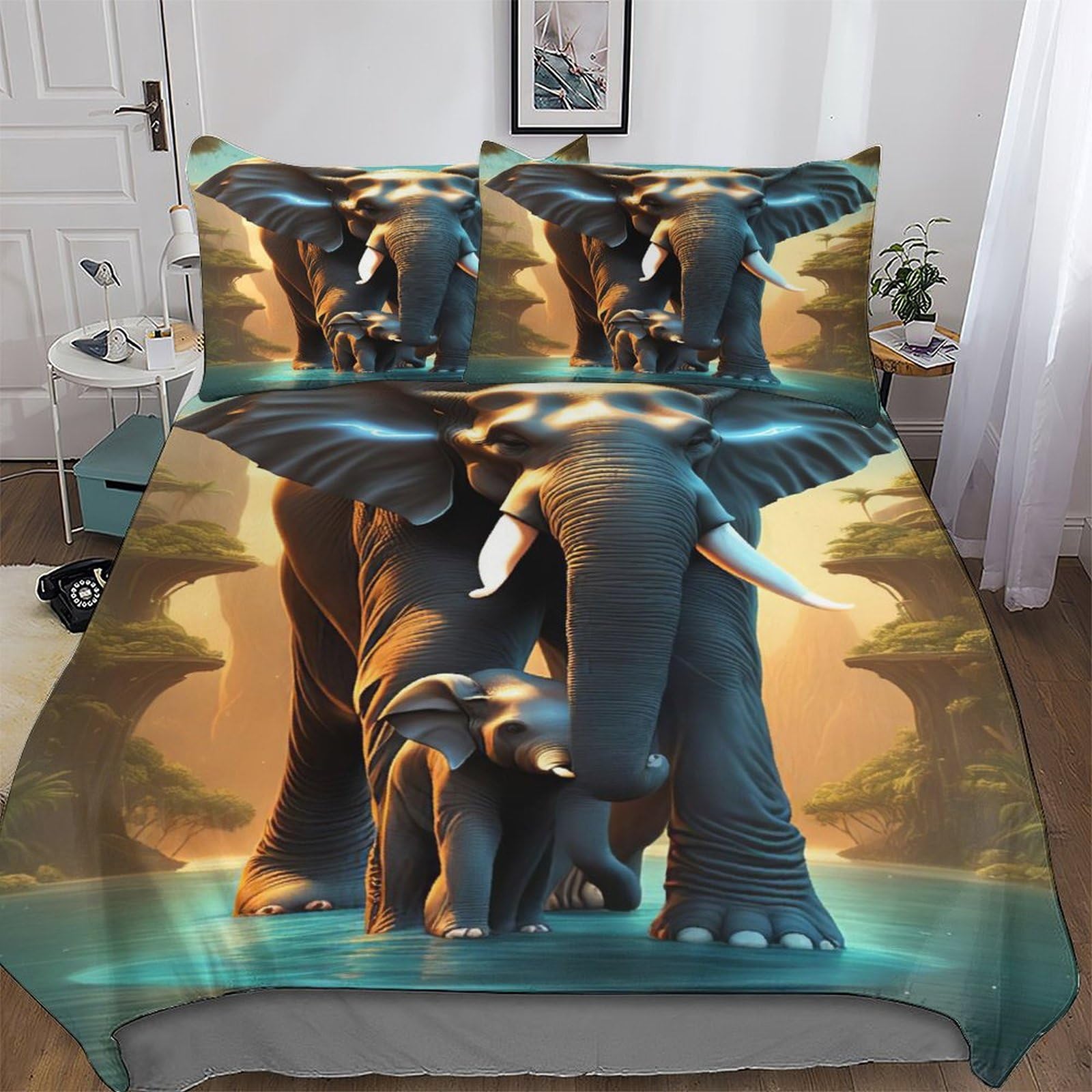 LLXXHH Elephant Quilt Cover Super-Soft Bedding Set Comfortable Printed Duvet Cover Sets with Pillowcases for Adults Kids Double (200x200cm)