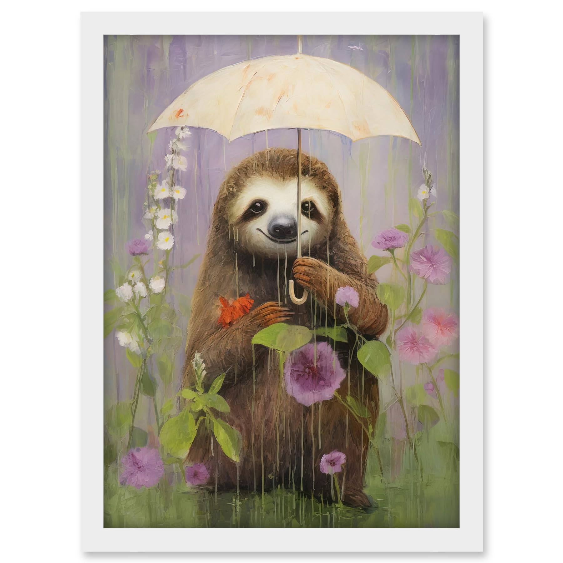 Artery8 Picking Flowers in the Rain Oil Painting Cute Sloth with an Umbrella in a Wildflower Meadow Kids Bedroom Artwork Framed A3 Wall Art Print