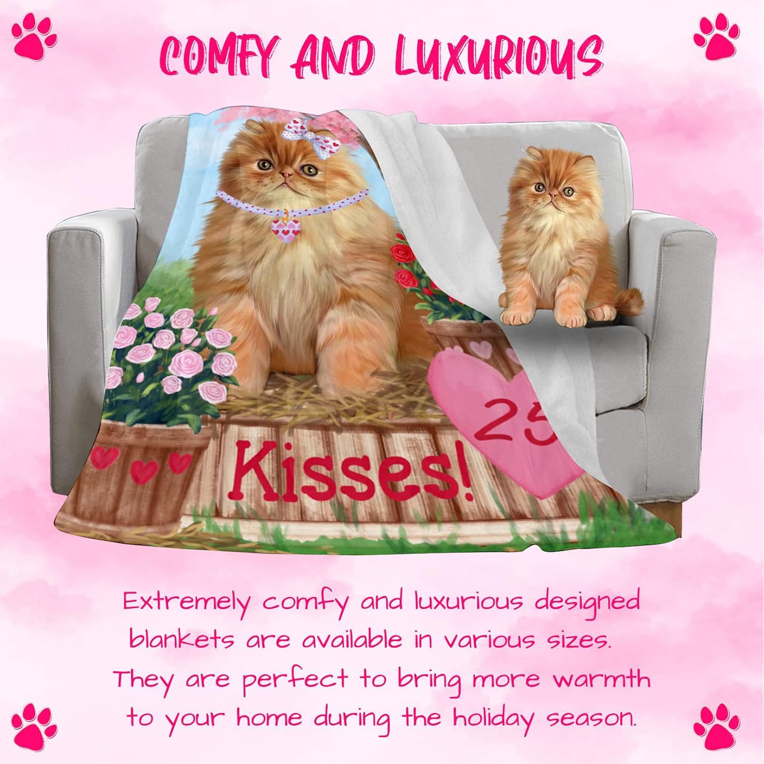 Rosie 25 Cent Kisses Persian Cat Blanket - Lightweight Soft Cozy and Durable Bed Blanket - Animal Theme Fuzzy Blanket for Sofa Couch BLNKT61456 (50x60 Sherpa)