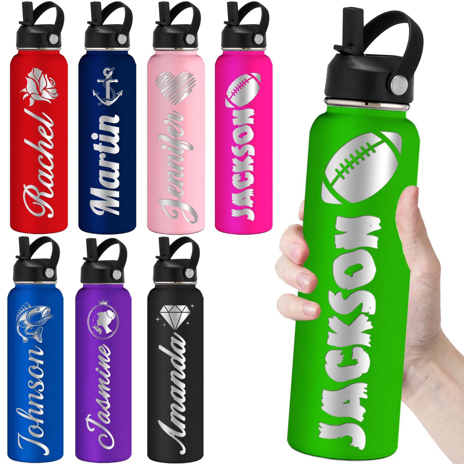 Personalized Water Bottles with Straw 24oz Custom Engraved Water Bottle for School Customized Name Double Wall Insulated-Green — image 1