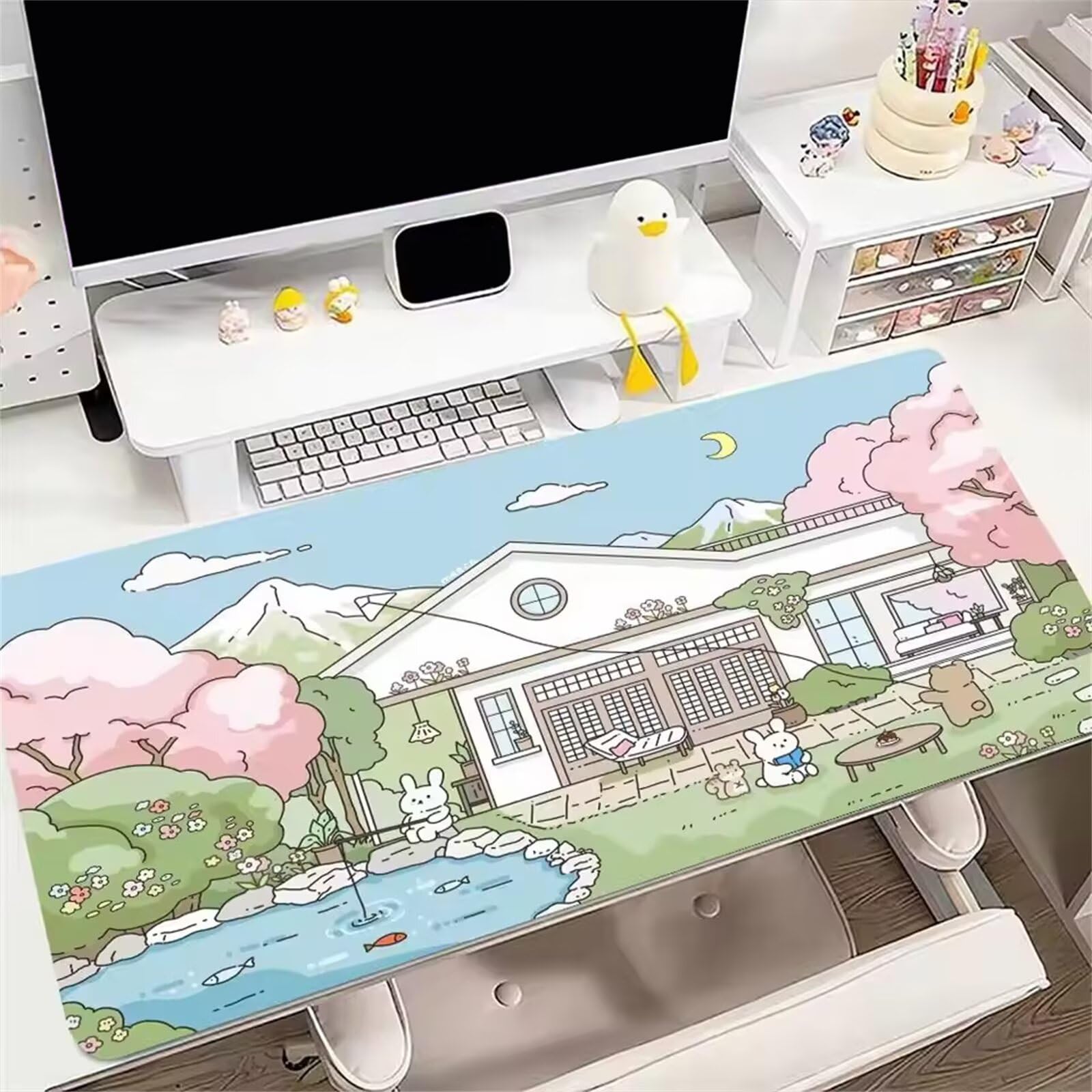 GOOFEI Grand Tapis de Souris de Jeu 900 x 400 x 3mm, Tapis de Souris XXL Paysage Dessins Animés, Optimisé pour Capteur, Haute Précision et Vitesse avec Bords Cousus pour Bureau et Gaming