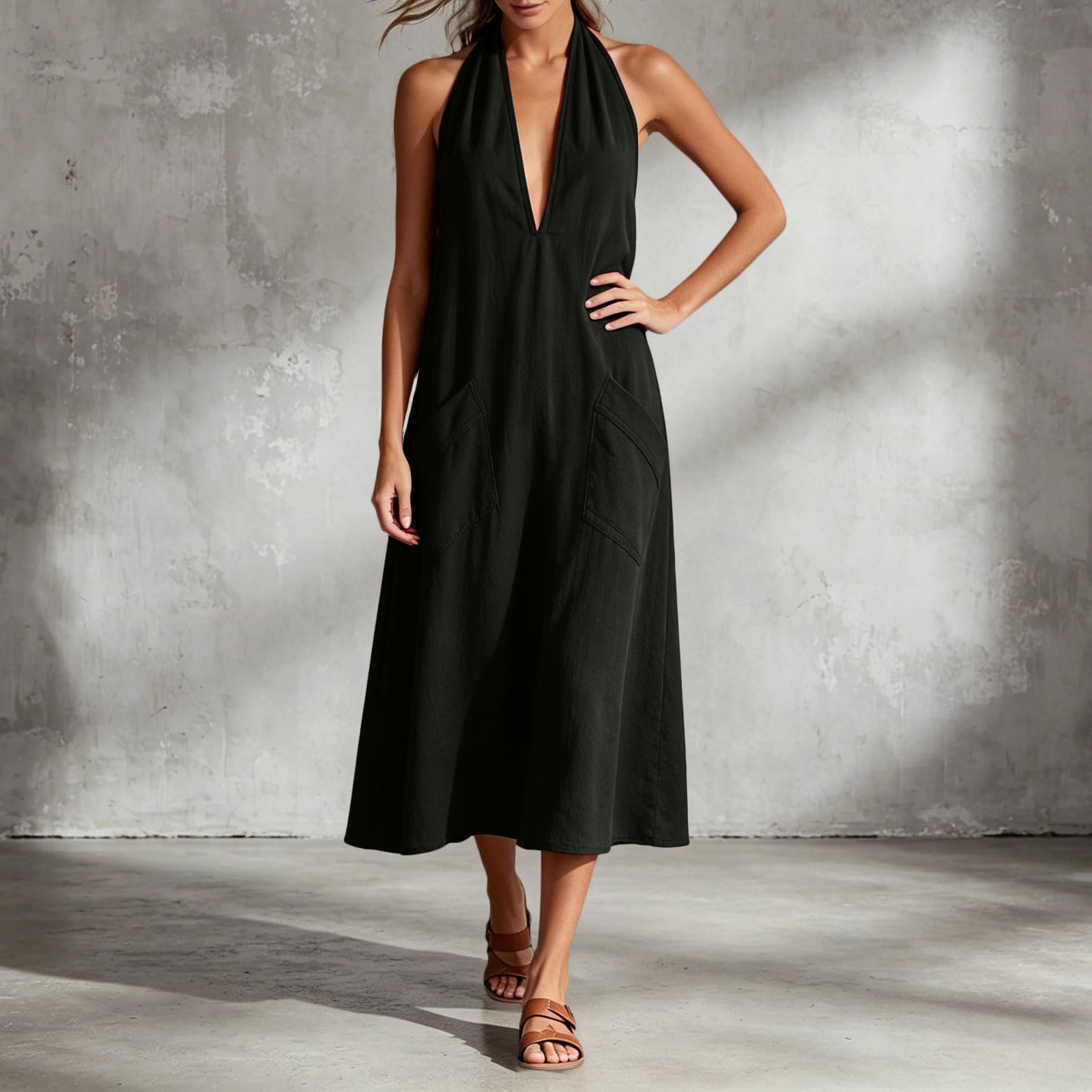 Abito Estivo Donna Cotone Abito Lungo da Donna con Scollo all'Americana, Senza Schienale e Senza Maniche, vestibilità Ampia e svolazzante, Perfetto per L'Estate Le Vacanze al Elegante