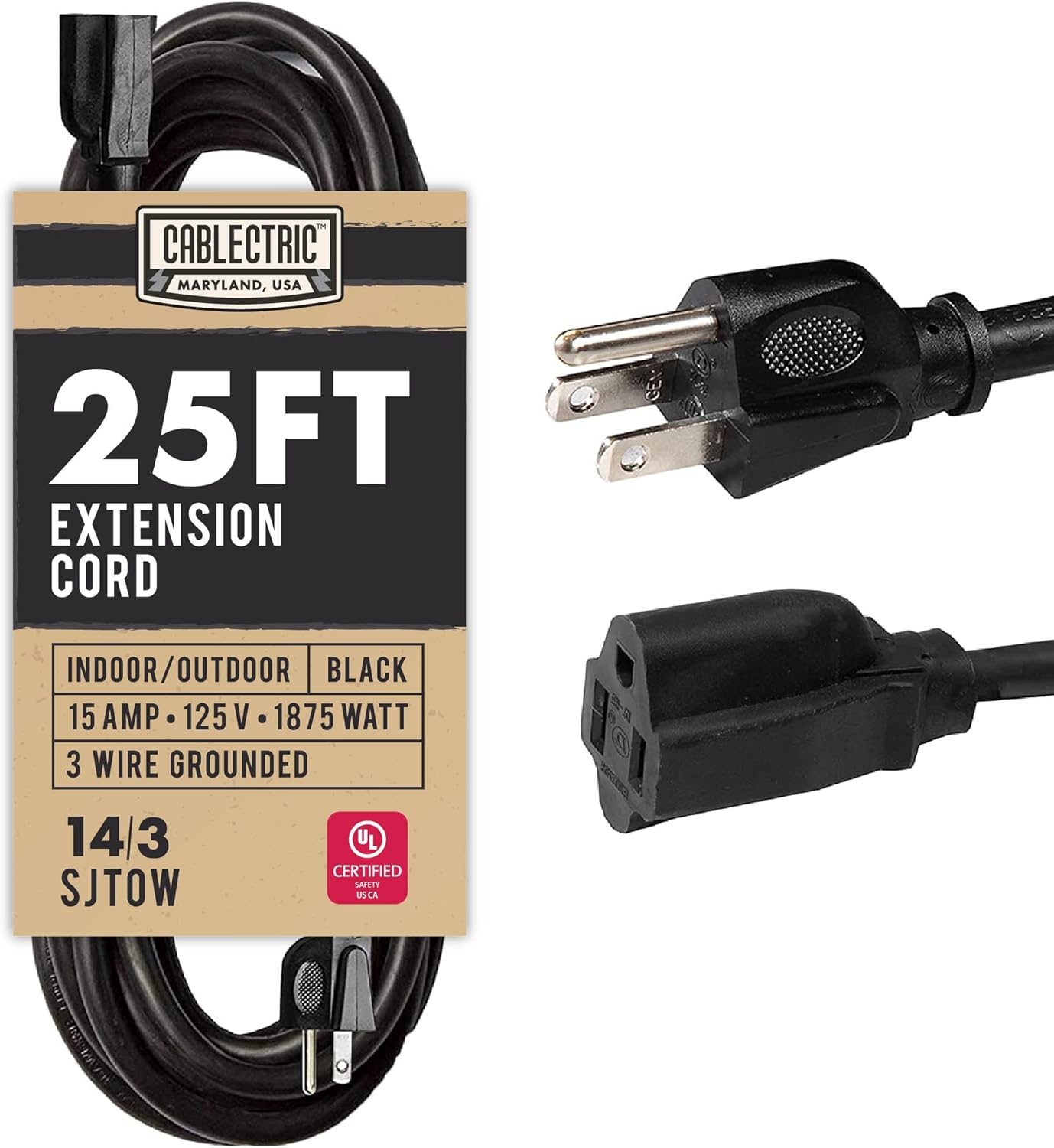 50 Ft Outdoor Extension Cord for Farms & Ranches - 15 Amp 14/3 SJTOW Black Heavy Duty Oil Resistant 14 Gauge Electrical Cable with 3 Prong Grounded Plug