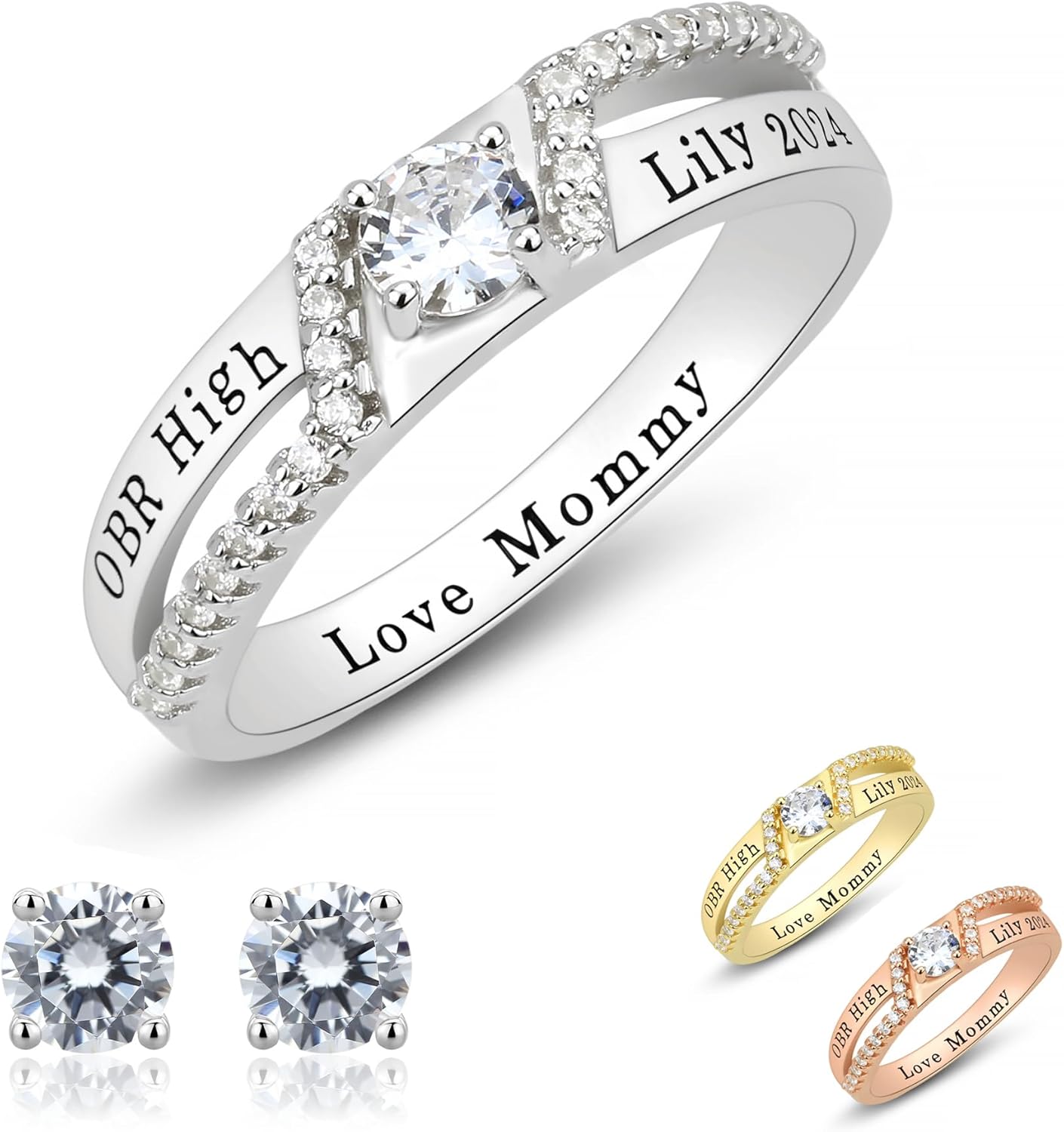 Custom Class Rings - Fully Personalized Women's High School Graduation Rings, Size 5-15, Sterling Silver with Cubic Zirconia Birthstone