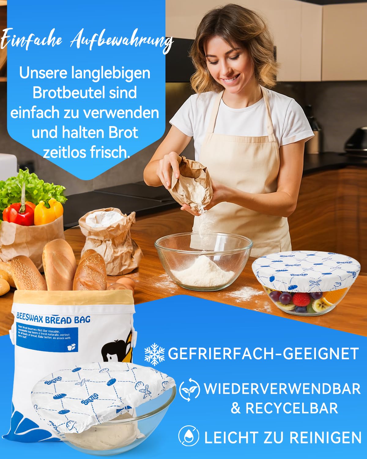 Sacchetto per pane in cera d'api naturale con coperchio a ciotola, riutilizzabile per mantenere fresco il pane a lievitazione naturale – Contenitore per il pane senza plastica (bianco)