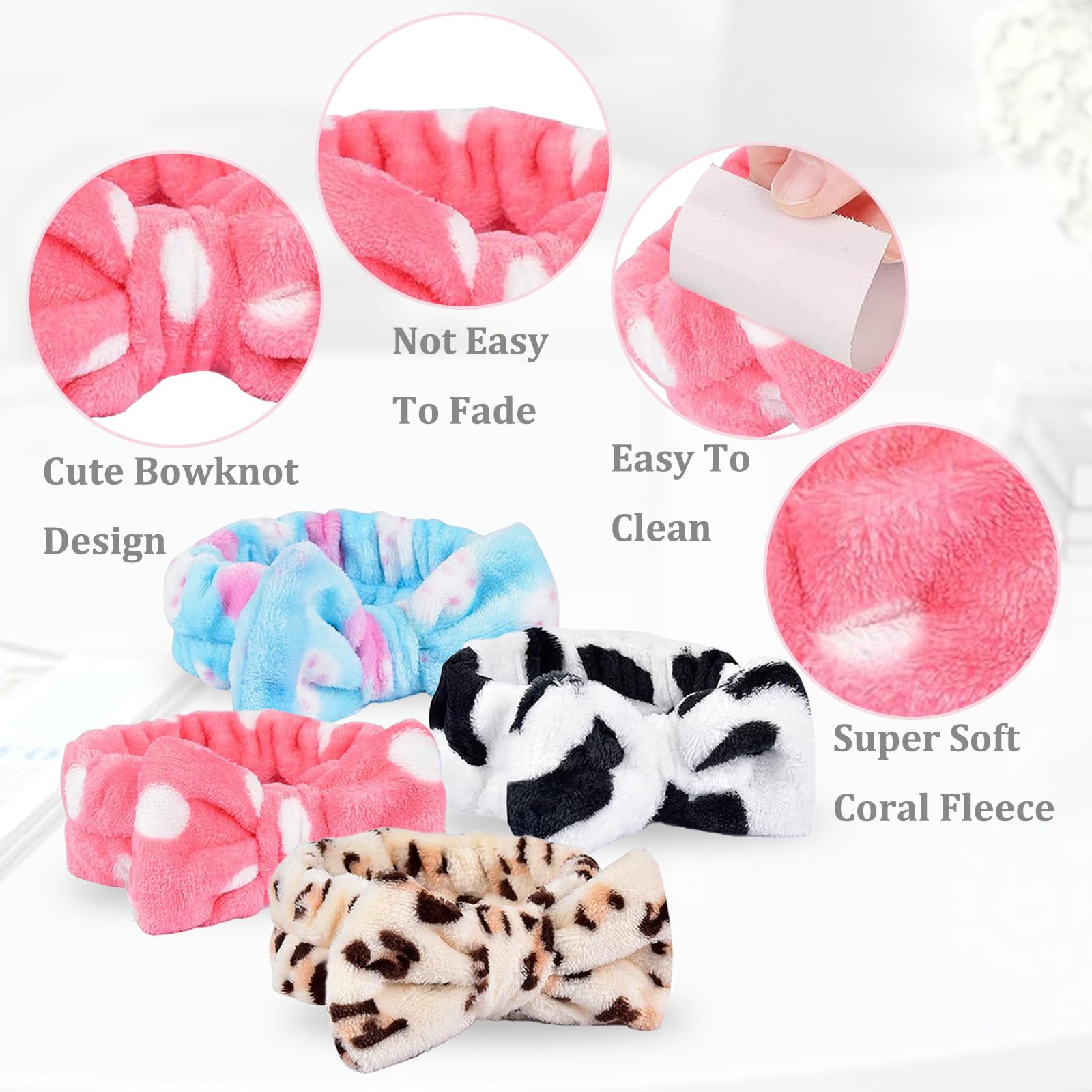 Set 5 Fasce Per Capelli Per Viso In Pile Corallo | Con Fiocco Rimovibile | Morbide E Assorbenti Per Trucco, Doccia E Spa | Blu, Rosa, Bianco, Righe, Leopardato