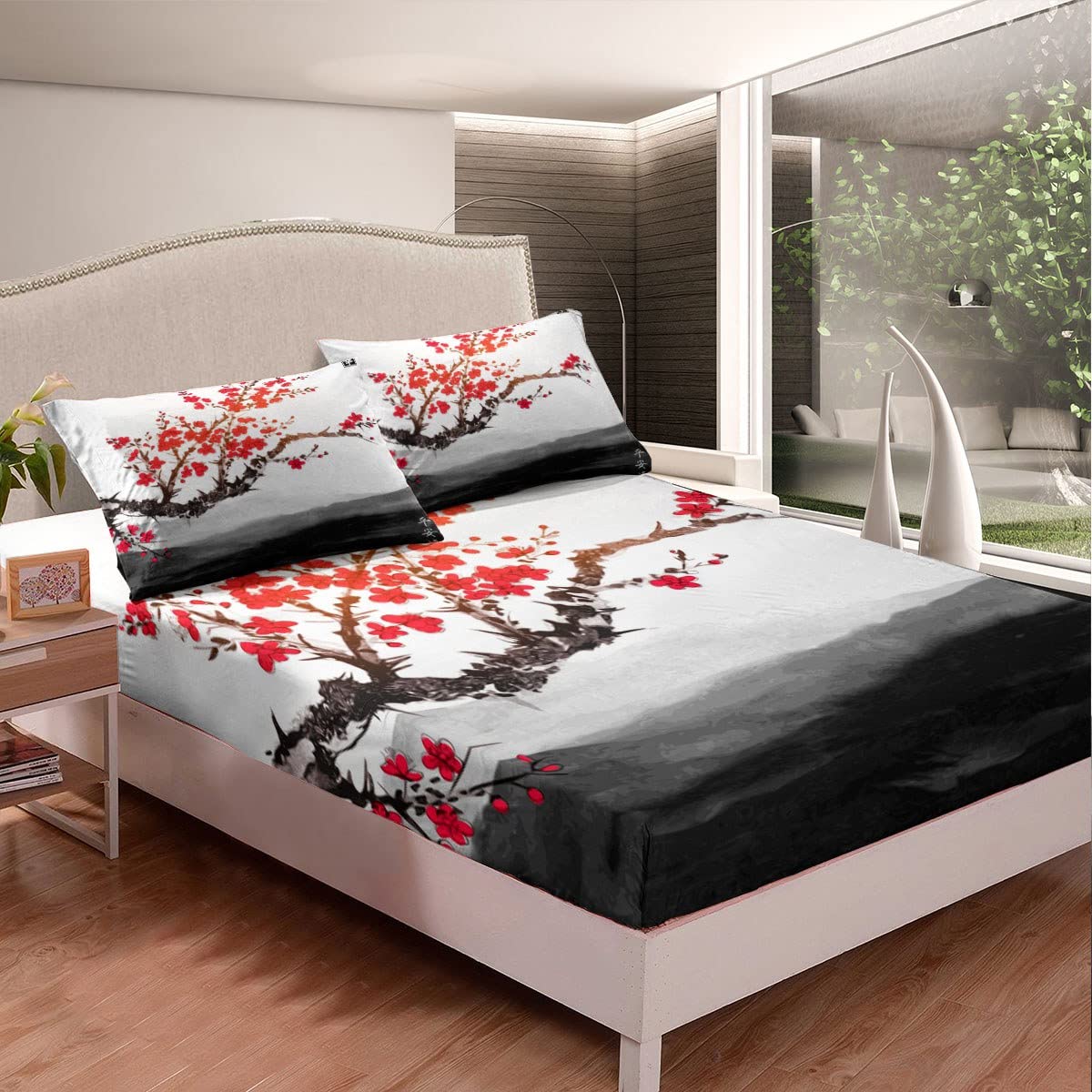 Biancheria Da Letto Giapponese Ukiyoe - Set 3 Pezzi Con Fiori Di Ciliegio, Microfibra King Size - Foto 5