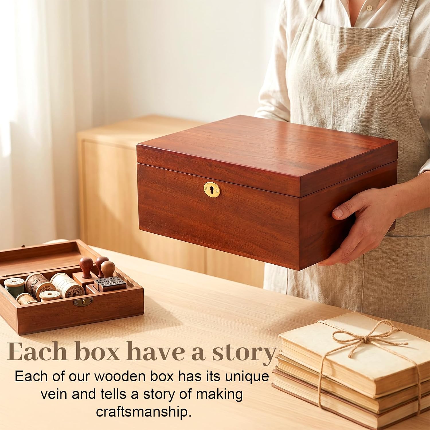 Large Wooden Storage Box with Hinged Lid and Locking Key image 5