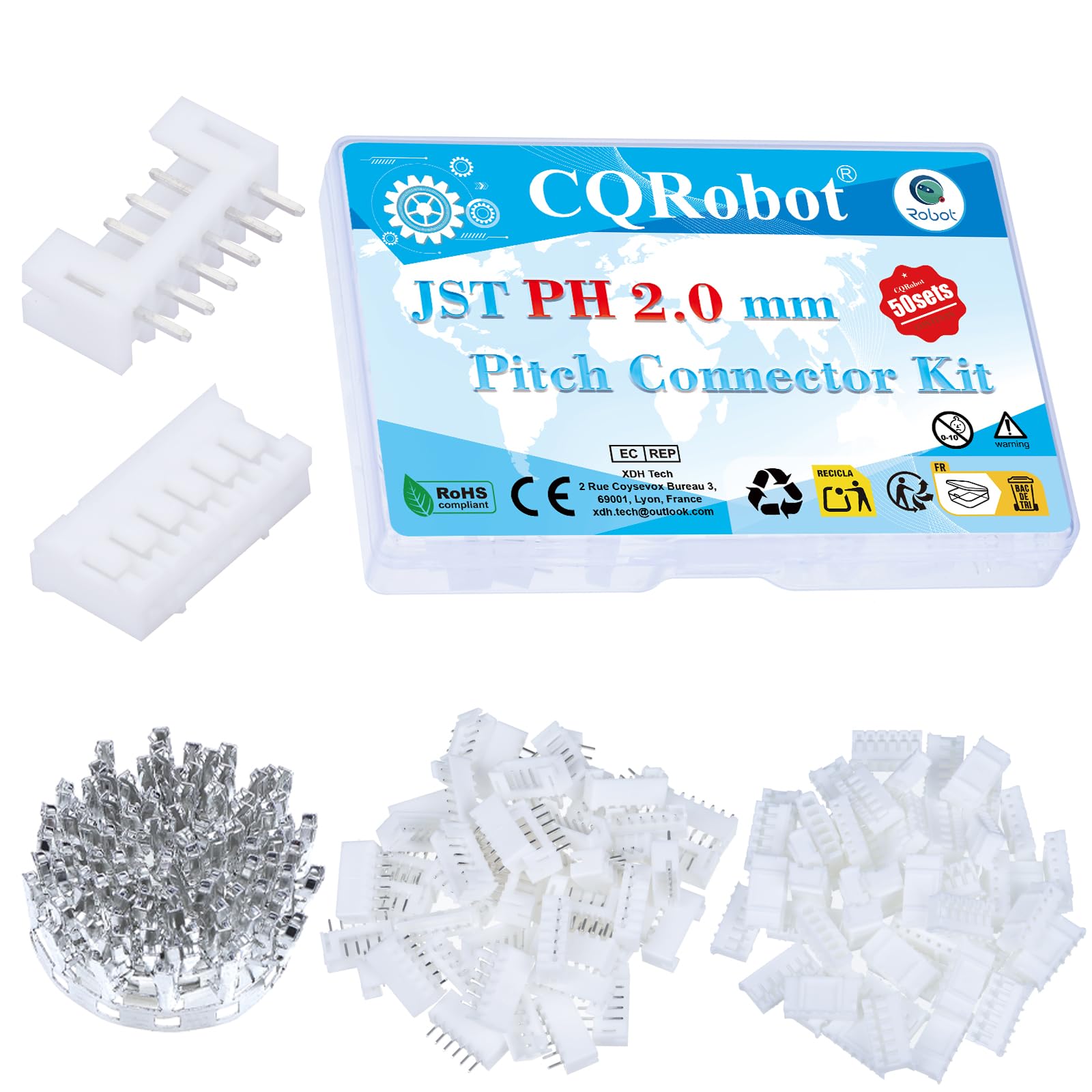 CQRobot JST PH 2.0 mm Pitch 6-Pin Electronic Computer Connector IC Male Plugs, Female Sockets Housing and T-Shaped Crimp Terminal Kit. 50 Sets/400 Pieces Wire-to-Board Adapter Cable Assembly.