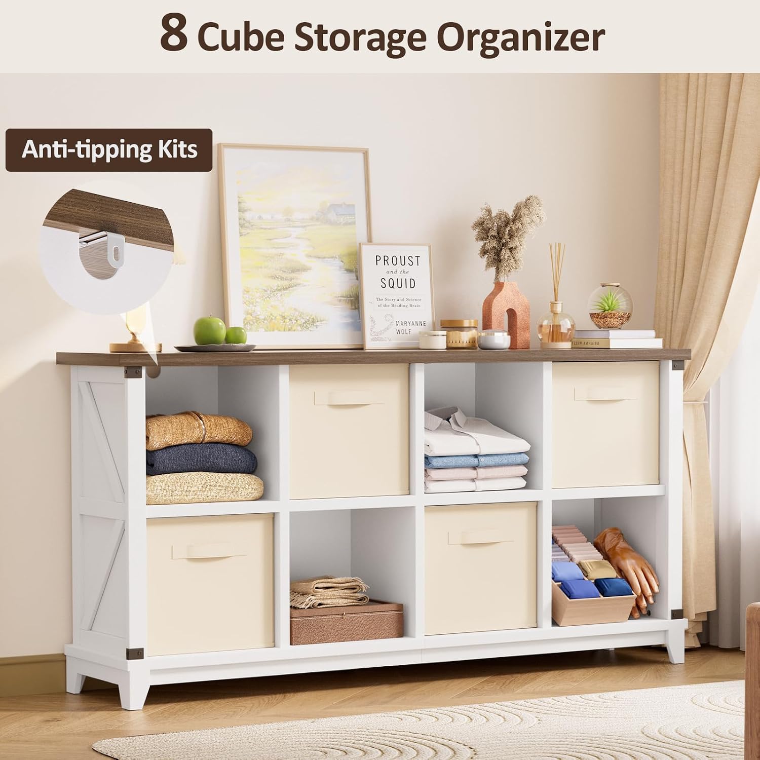 8 Cube Storage Organizer with 4 Beige Fabric Bins, 49" W Farmhouse Cubby Bookshelf, Low TV Stand Fit 24"-55" TV, Open Display Shelf for Closet Bedroom Living Room Nursery, White & Walnut